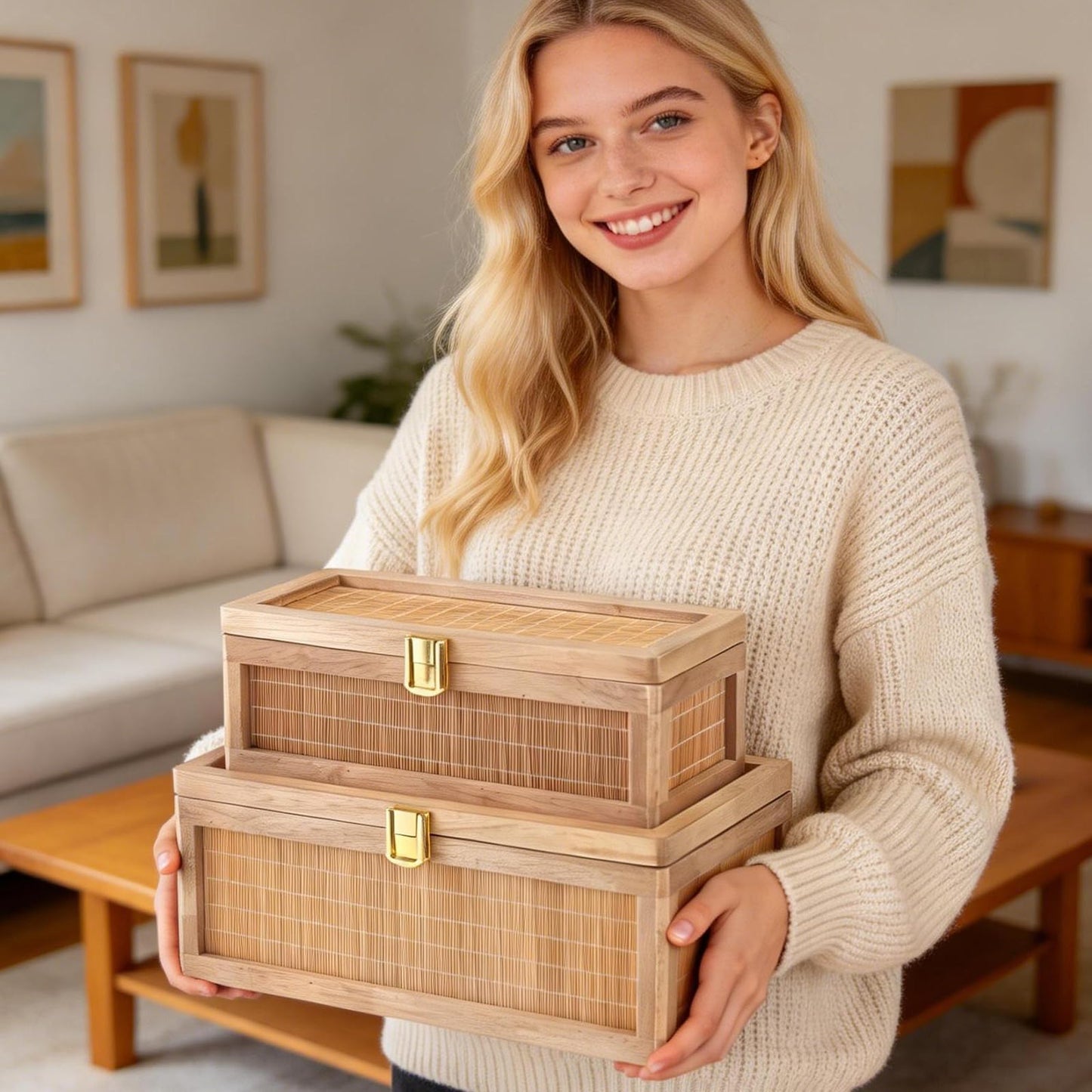 HuiDao Natural Bamboo Decorative Box with Lids, Unique Decorative Boxes Set of 2, Boho Wedding Keepsake Box, Memory Box with Lid for Crafts, trinkets and Photo Storage