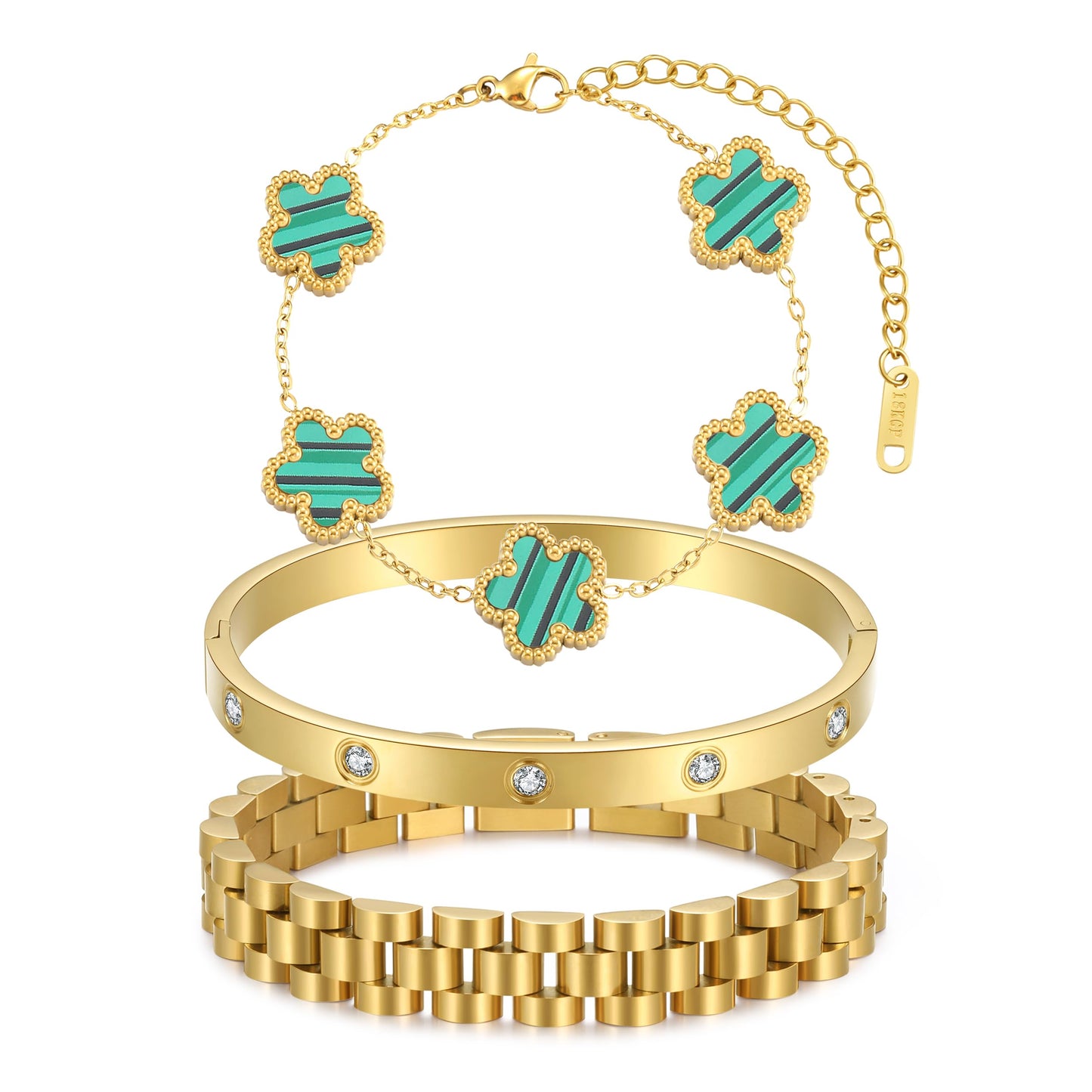 YOQ Stackable Four Leaf Clover Bracelets for Women, 18K Gold Plated Love Bangle Bracelets Set, 3 Pcs Charm Jewelry Gifts (Green)