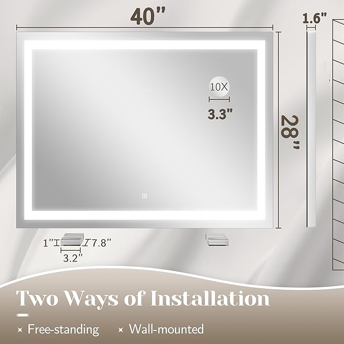 FENNIO Large Vanity Mirror with Lights，40" x 28"Makeup Mirror with Lights，Hollywood Mirror with 3 Color Modes & Adjustable Brightness，Vanity Mirror Square White