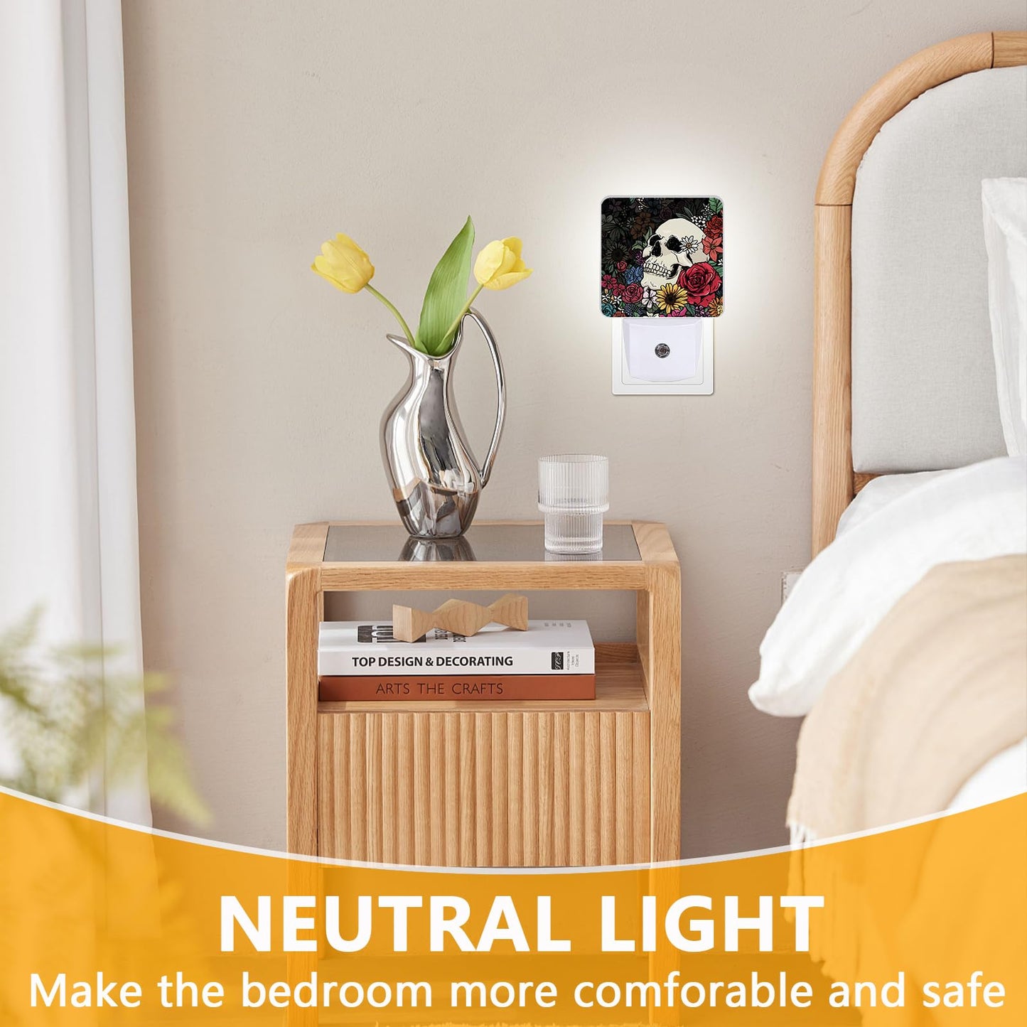 GANTINIR Halloween Skull Night Light, Plug-into Skeleton Flower Floral Nightlight White LED Lamp, Energy Efficient Decor Desk Lamp for Bedroom Hallway Stairs Bathroom