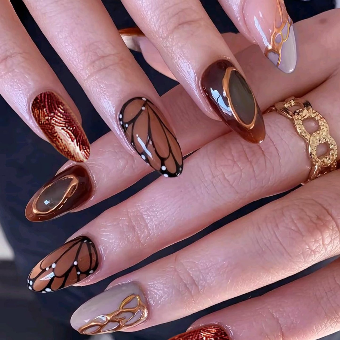 VOTACOS 24PCS Brown Acrylic Press on Nails Almond Medium Gold Glitter Fake Nails Press Ons with Designs Butterfly Pattern Glue on Nail for Women 3D Line Design Reusable Artificial Stick on False Nail