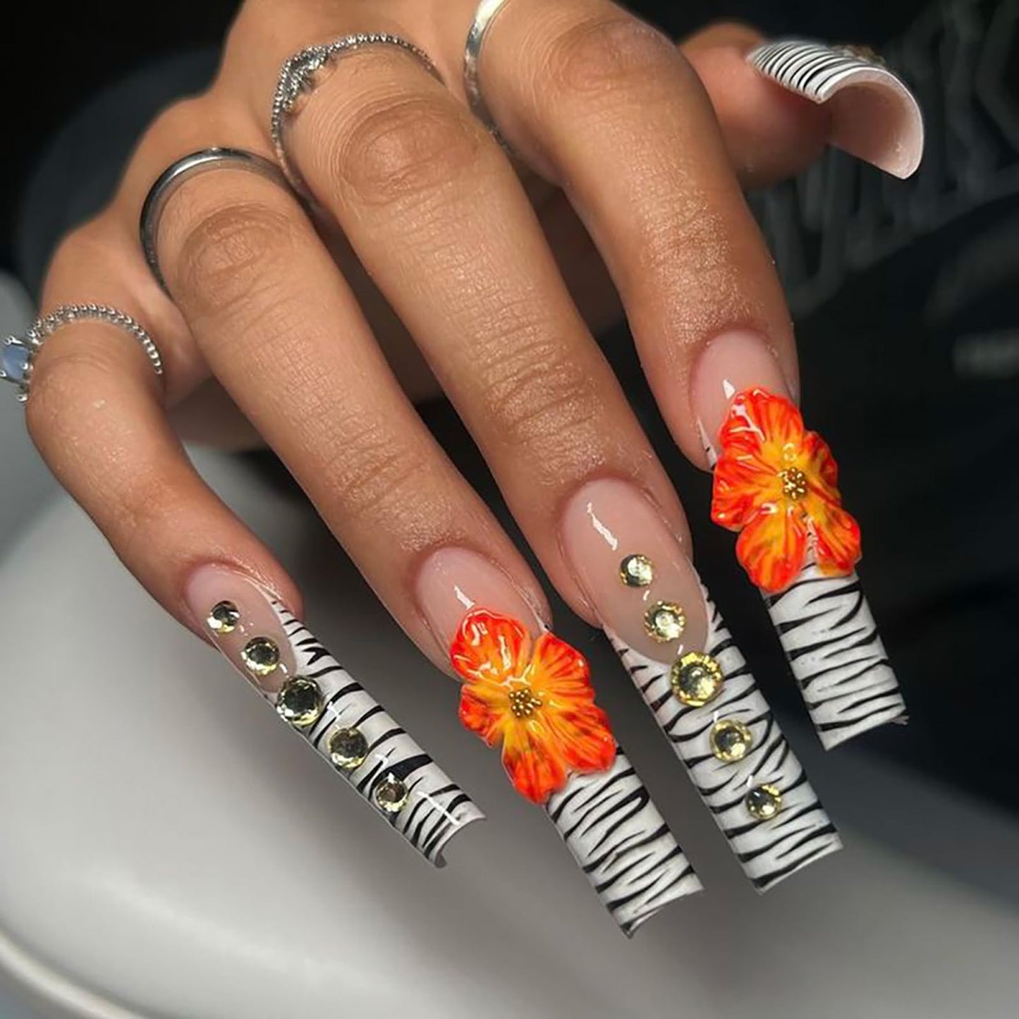 IMRAIN Long Press on Nails Square Fake Nails Zebra Stripes French Tips False Nails with Orange 3D Flower Designs Full Cover Glossy Acrylic Gel Handmade Glue on Nails for Women