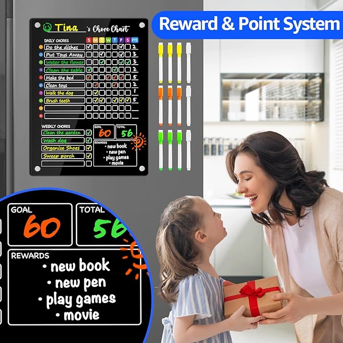 PigPotParty Black Acrylic Magnetic Chore Chart for Kids, 12"x16" Reward Responsibility Chart, 1 Pcs Daily Weekly Dry Erase Fridge Chore Board Checklist for Teens Adult, w/ 12 Markers & Towel