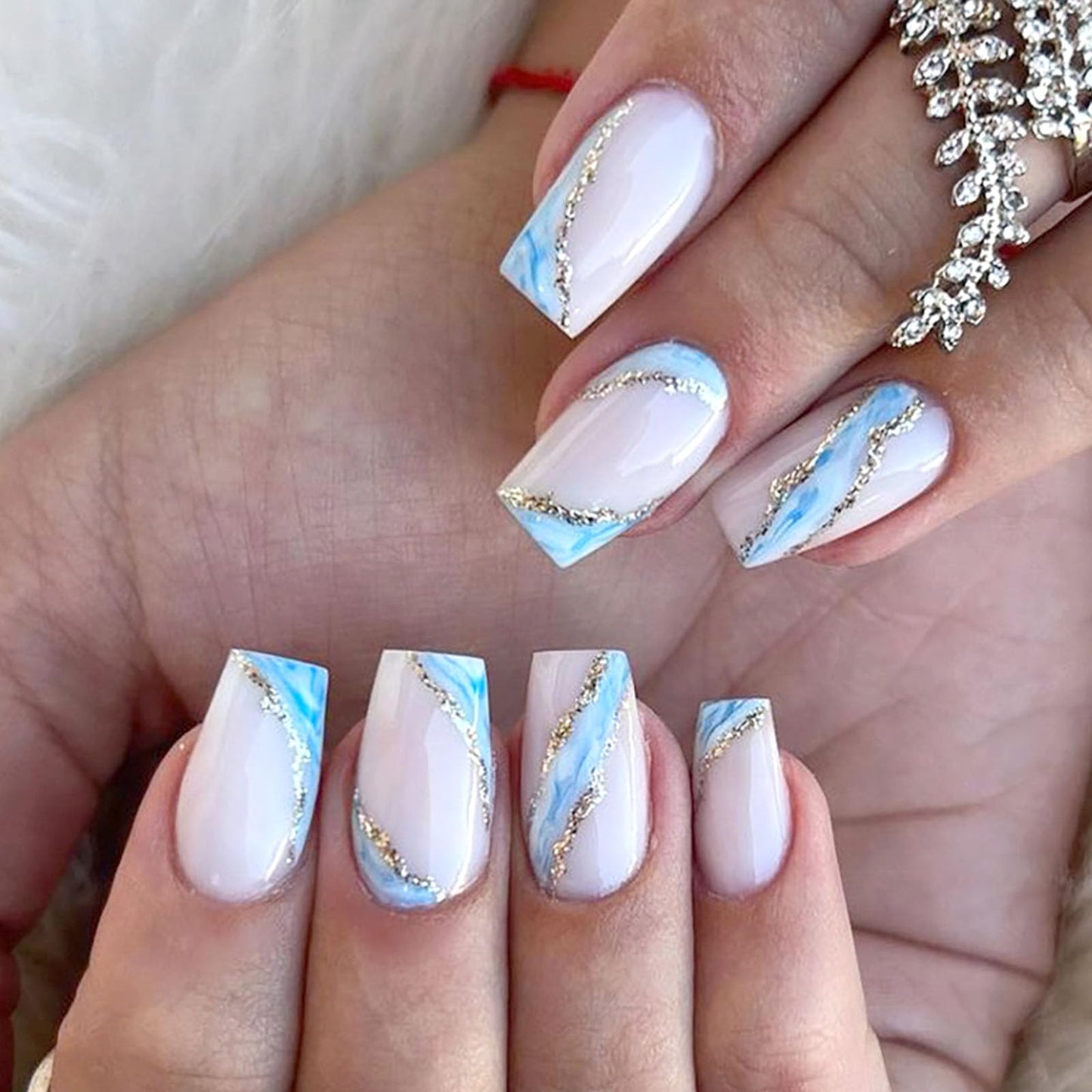 Press On Nails - Short Coffin False Nails with Glitter Designs, Glossy Finish, Blue & White, 24 Pcs