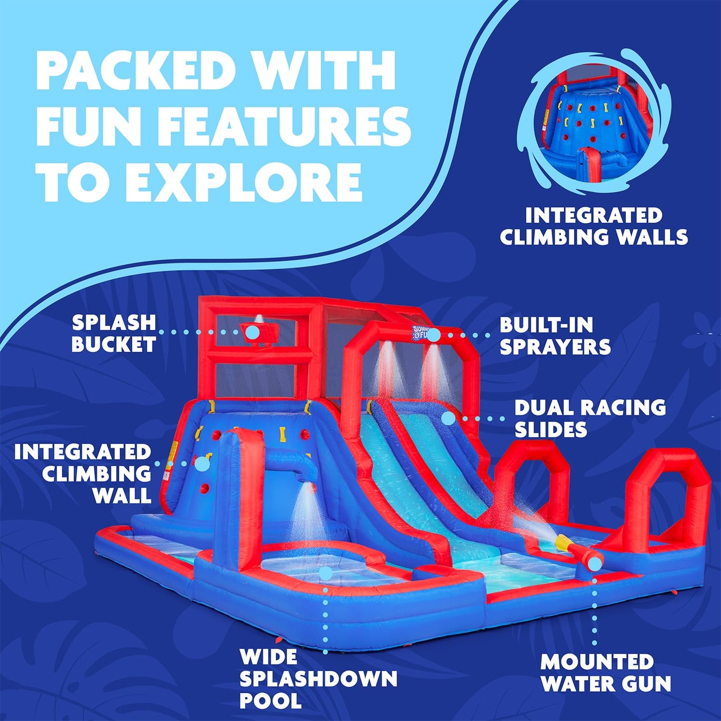 Sunny & Fun Mega Climb N’ Go Inflatable Water Slide Park – Heavy-Duty for Outdoor Fun - Climbing Wall, 2 Slides & Deep Splash Pool – Easy to Set Up & Inflate with Included Air Pump & Carrying Case