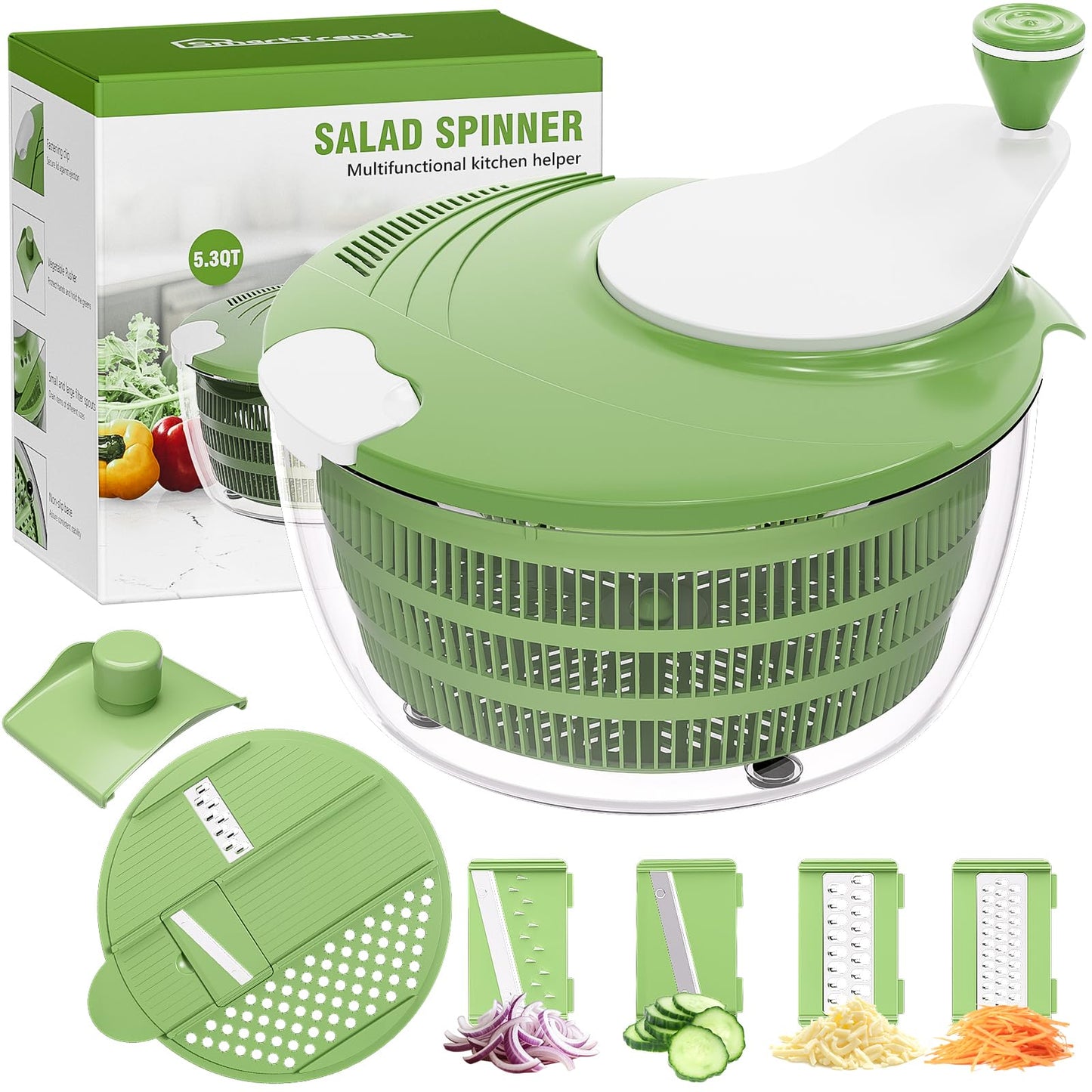 SmartTrends Salad Spinner, 5.3 QT Lettuce Spinner with Strainer, Fruit Cleaner with 4 Replaceable Blade for Shredding, Slicing and Pureeing, Salad Washer & Dryer for Quick Washing (Green)