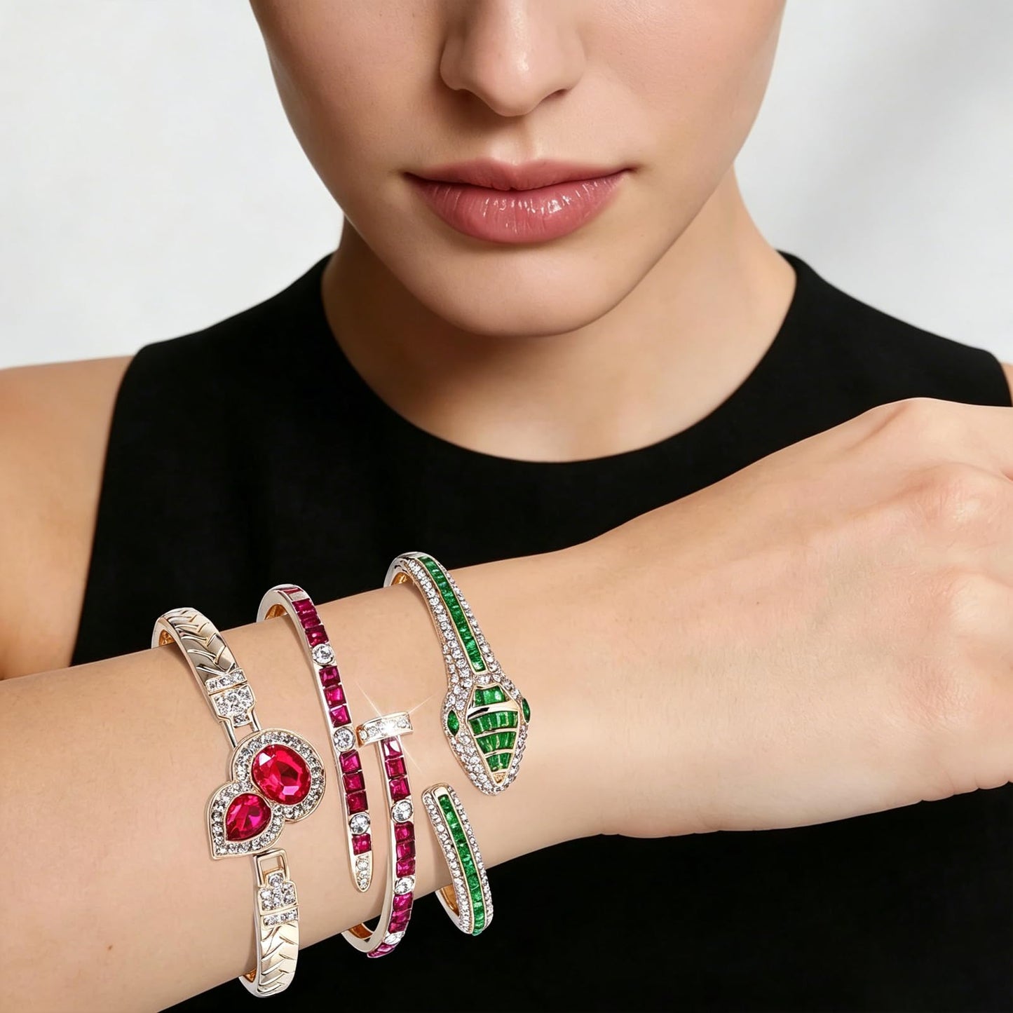 6PCS Gold Designer Bangle Bracelet Set for Women, Wild Luxury Animal-Pattern Design Style, Zinc Alloy with Cubic Zirconia, Stackable, Ideal Gift for Birthday Christmas Valentine's Day Mother's Day