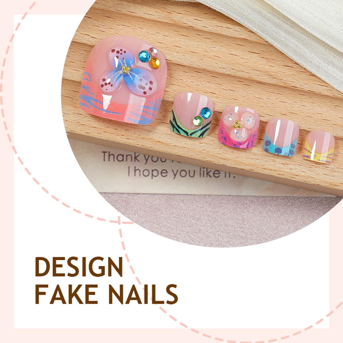 Summer Flower Press on Toenails Colorful French Tip False Toenails Rhinestones Toe Nails Reusable Full Cover Toe Nails for Women
