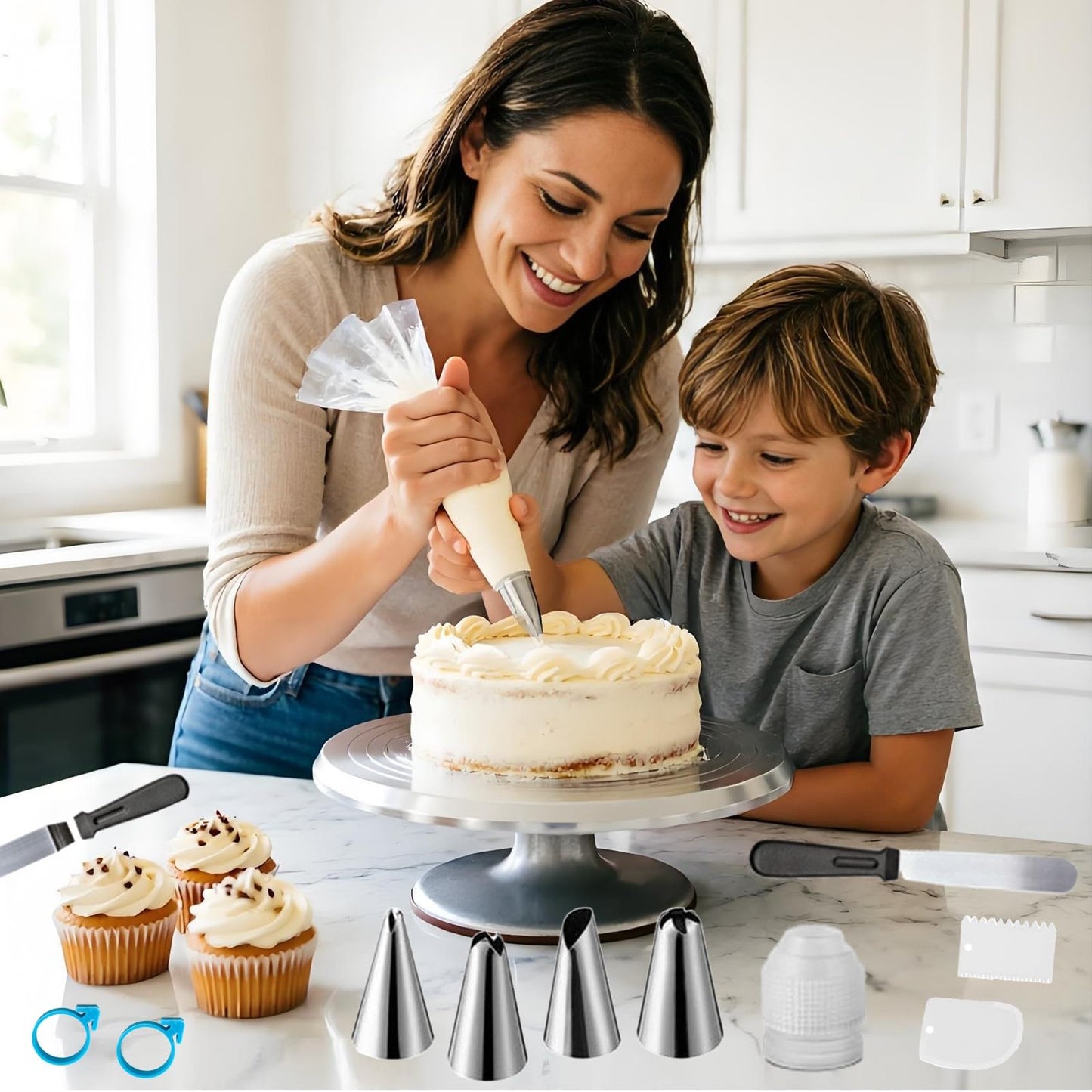 ANSLYQA Cake Decorating Kit, 237 Pcs with Aluminium Cake Turntable, Leveler, 24 Numbered Icing Tips, 2 Spatulas, 3 Scrapers, 2 Coupler, 50 Cupcake Liners, 100 Pastry Bags & More Baking Tools