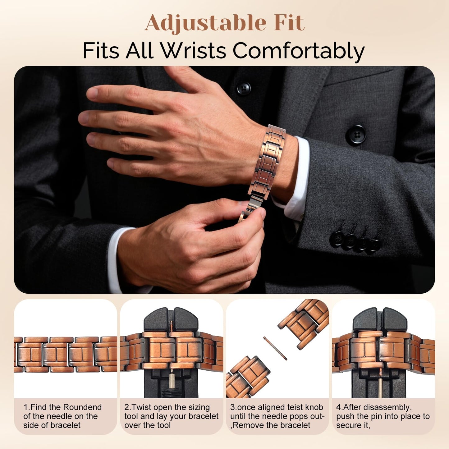 JEROOT Men's 99.99% Pure Copper Magnetic Bracelet, 3500 Gauss Magnets Adjustable with Sizing Tool