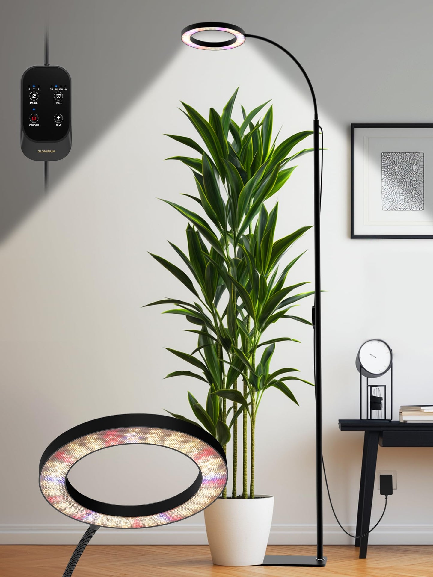 GLOWRIUM Grow Lights for Indoor Plants, Full Spectrum LED Grow Light, Stepless Dimming,3 Lighting Mode and Adjustable Height, Plant Light with 3/9/12/16H Timer (Black, 24W)