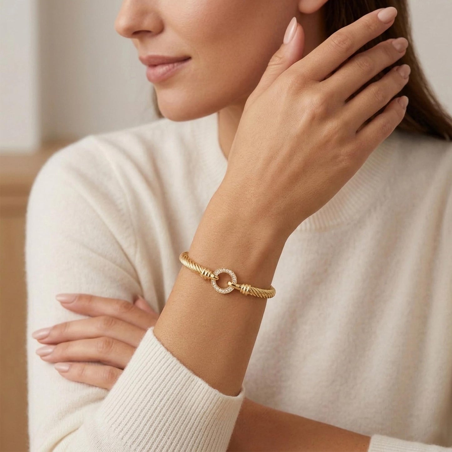 WOWORAMA Gold Twisted Cable Wire Bracelet for Women Stainless Steel Gold Plated Cable Cuff Bracelets with CZ Circle Clasp Bangle Bracelets Minimalist Jewelry