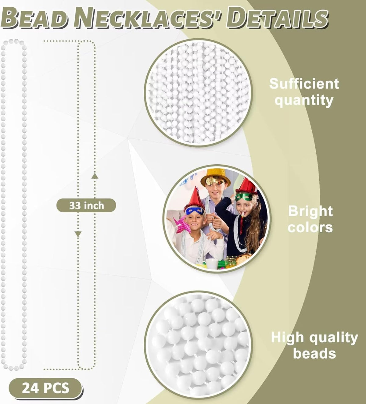 24PCS Bead Necklace, White Beaded Necklace Party Favors Bulk, 33" Mardi Gras Beads Necklaces, Festival Parade Throw Accessories for Mardi Gras Wedding Birthday Celebrations Decorations