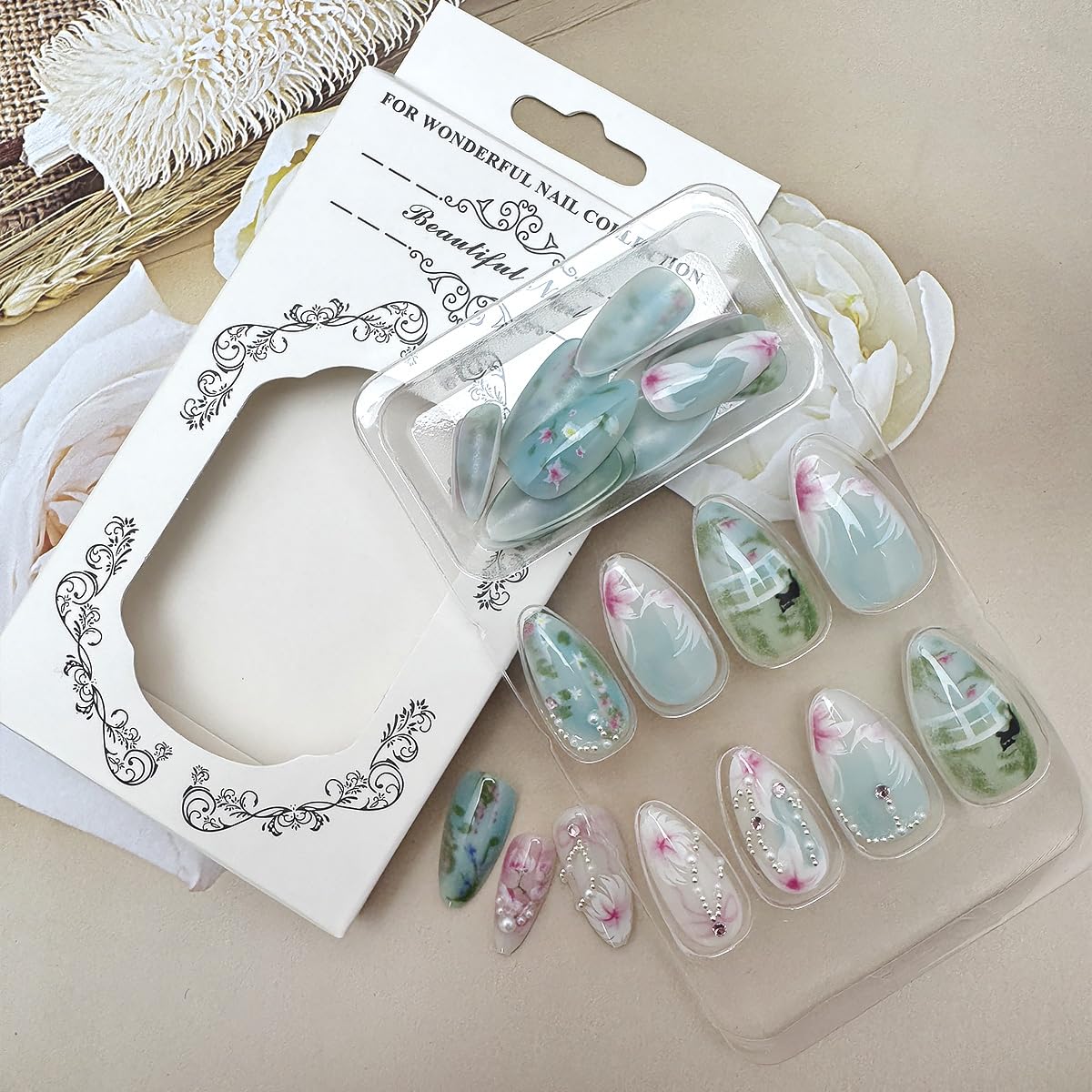 24Pcs Flower Press on Nails Medium Almond Lotus Leaf Fake Nails with Pearl Gems Bow Design Cute Cat False Nails Spring Summer Full Cover Artificial Glue on Nails Handmade Stick on Nails for Women DIY