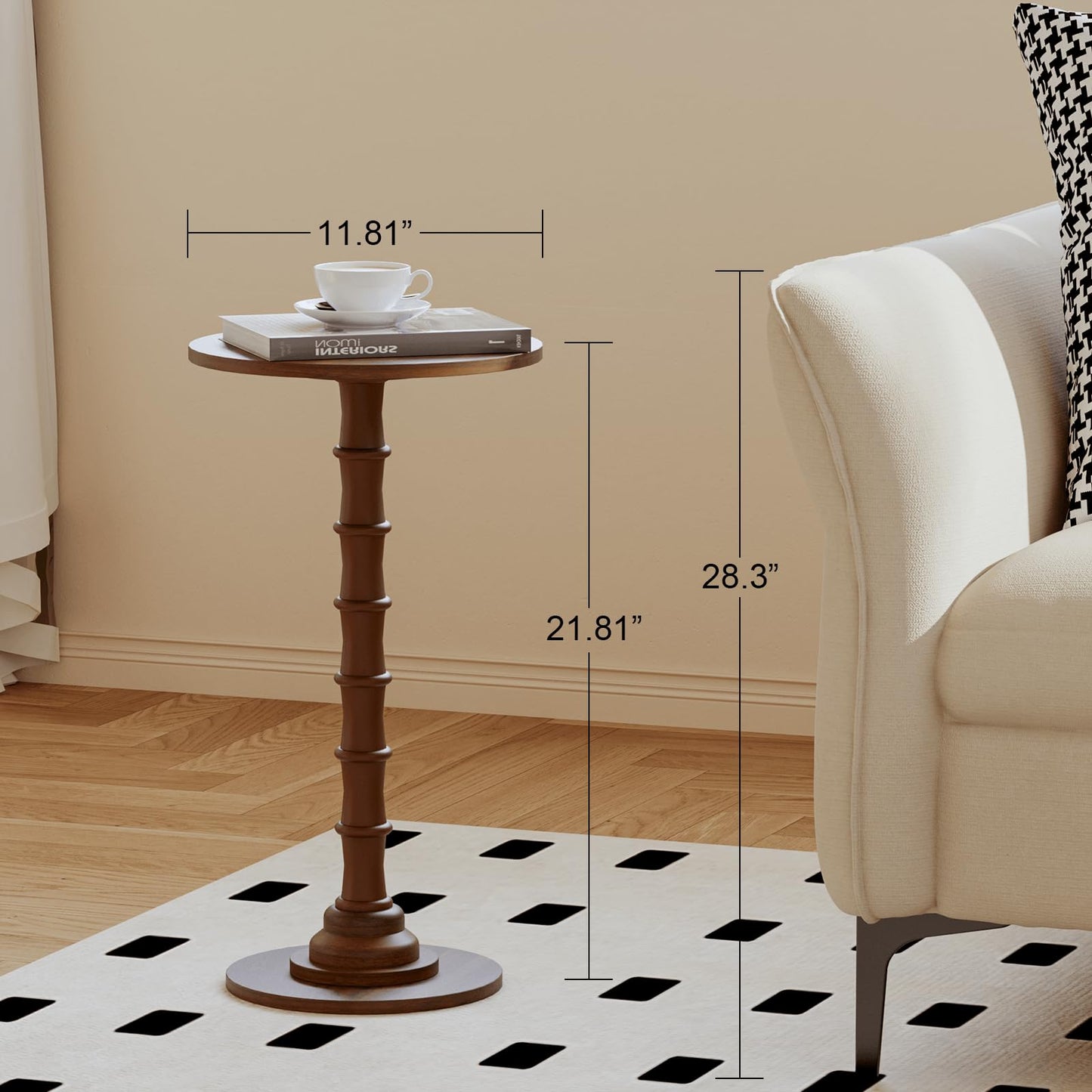 Leomonio Round Side Table, Modern Drink Table for Small Spaces, Slim End Table with Solid Wood Leg for Living Room, Bedroom, Corners, and Office (Walnut Brown)