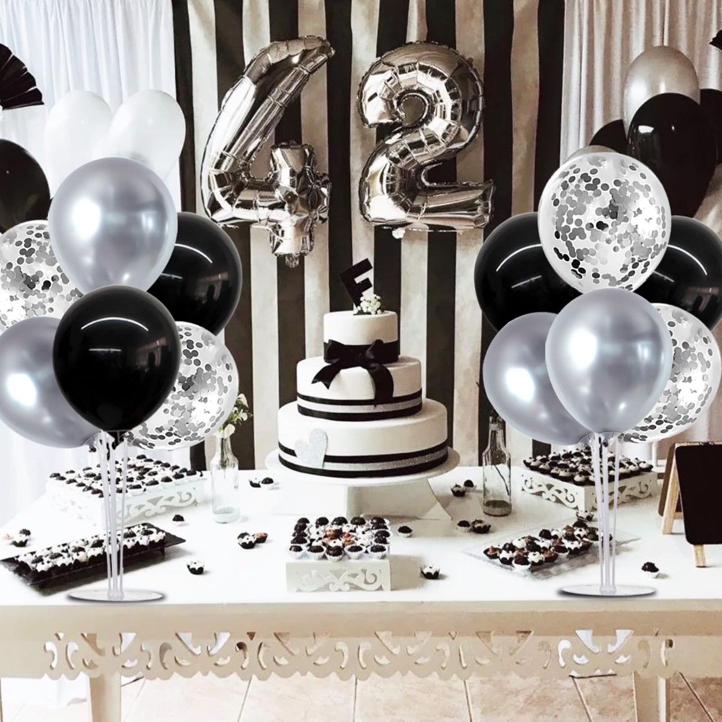 TONIFUL 4 Set Black and Silver Balloon Centerpiece for Table, Balloon Stand Kit for Birthday, Anniversary, Wedding, Halloween and Black Silver Party Decorations,2026 Graduation Decorations,Retirement