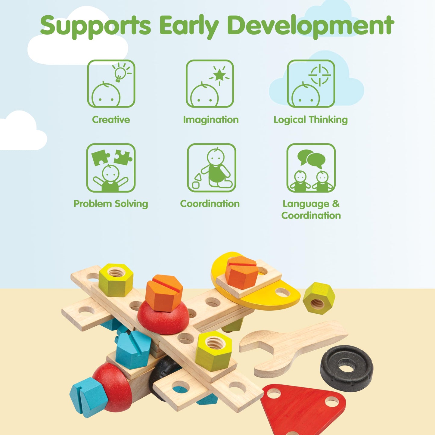 PlanToys® Construction Set Wooden Montessori Building and Engineering Toy | Fine Motor, Creativity and Early STEM Skill Development | Eco Friendly Educational Open Ended Play Kit