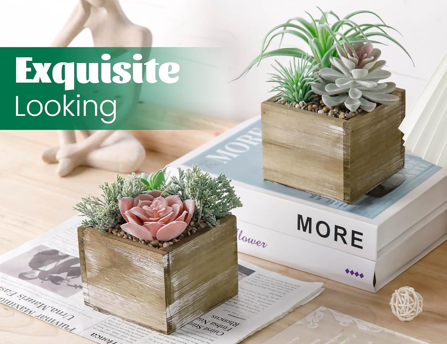 Der Rose 2 Pack Fake Plants Succulents Plants Artificial Cactus Plants in Wood Pots with Pink Flowers for Farmhouse Bathroom Decor