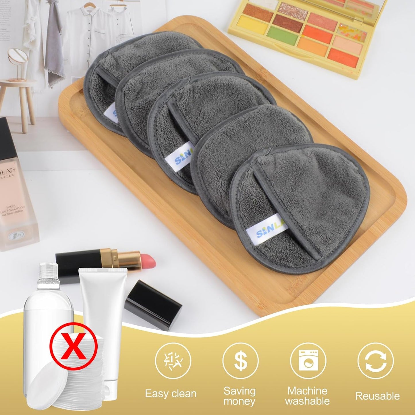 SINLAND Reusable Makeup Remover Pads For Face,Eye,Lips Microfiber Gentle Facial Cleansing Cloths for All Skin Types Friendly for Makeup Remover With Laundry Bag 5.1inchx3.93inch Grey Pack of 12