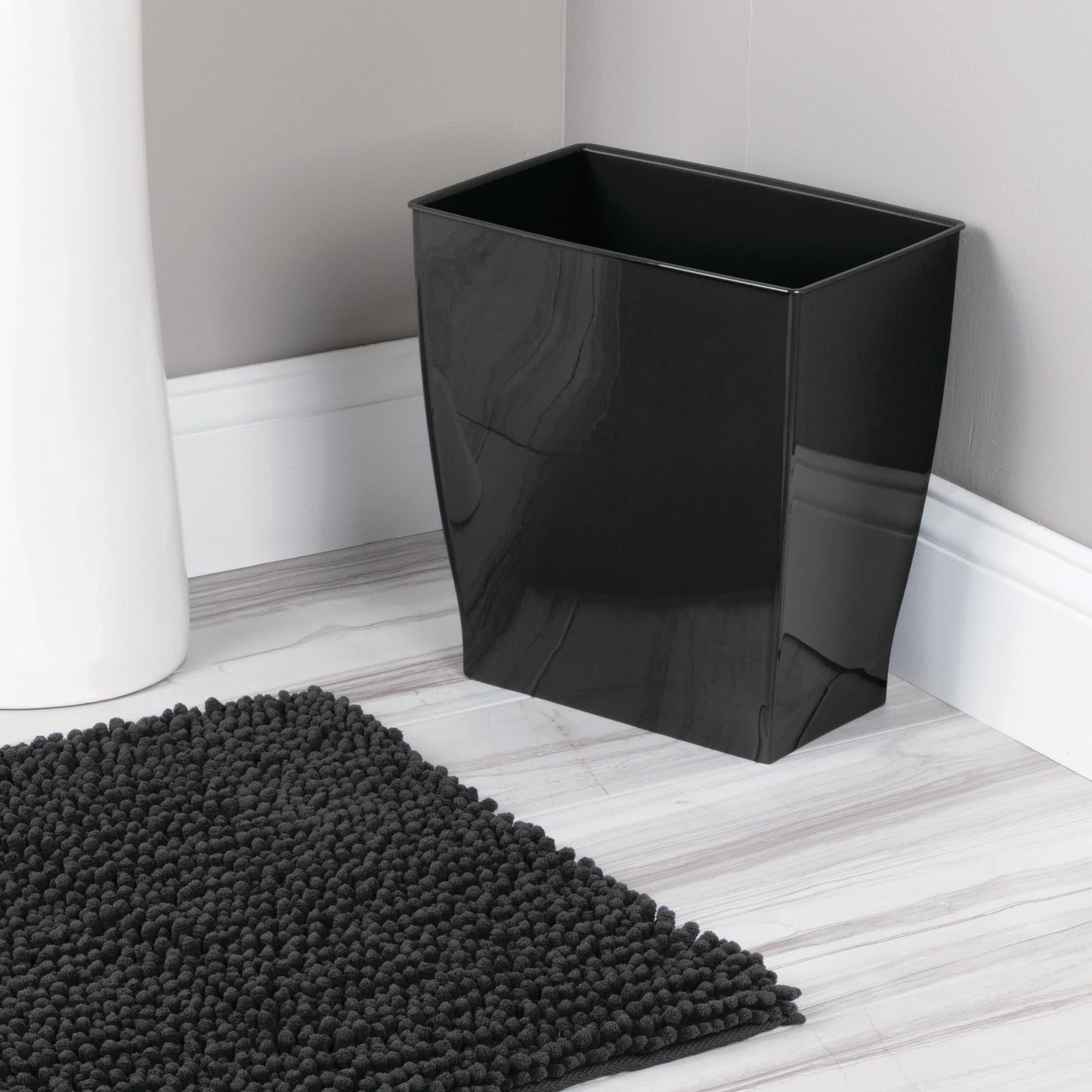 iDesign Small Plastic Bathroom Trash Can, Slim Rectangle Garbage Bin for Bedroom, Office, Dorm, Black