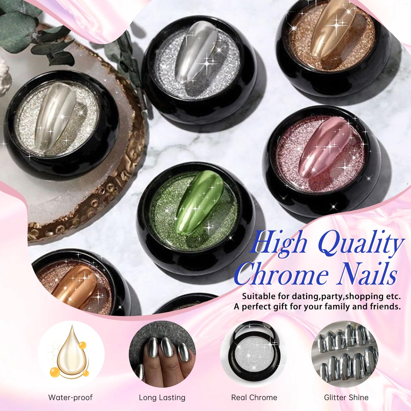KQueenest Black Press on Nails Short Oval, Chrome Round, Metallic Glue on Acrylic, Almond Fake With Design, Glitter False in 24 PCS