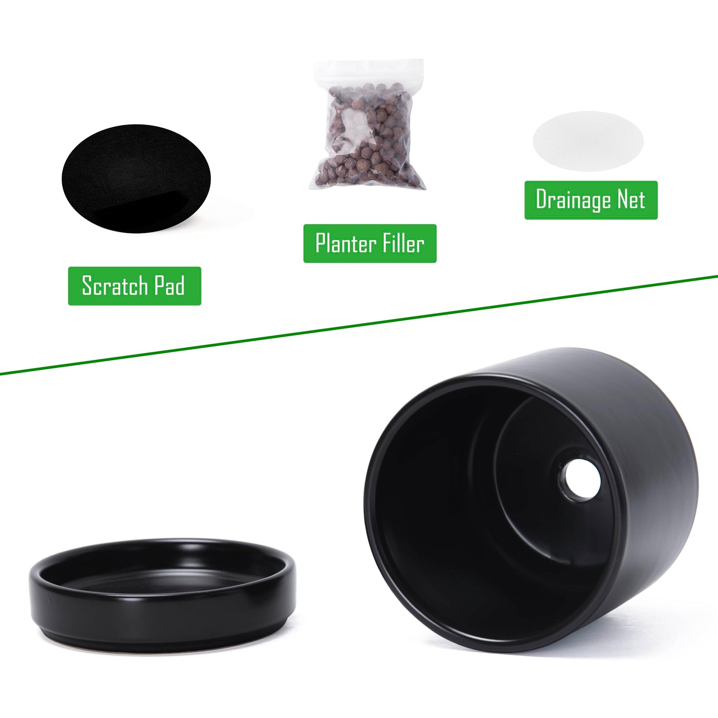 D'vine Dev Set of 4 Small Ceramic Plant Pots, 4.7 Inch Succulent Planter Pot for Plants with Drainage Hole and Saucer, Black, 94-X-B-2