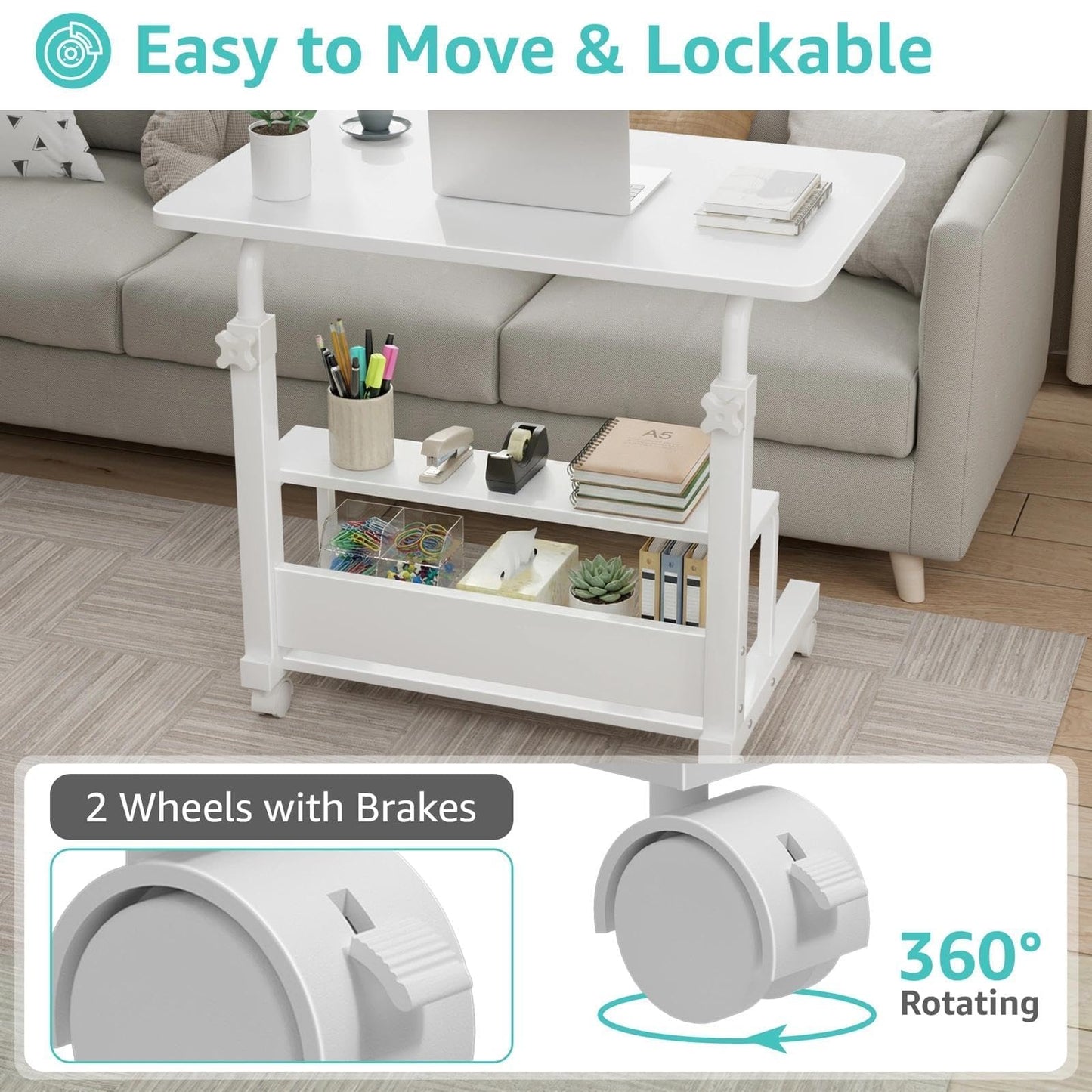 WINAZ Small Portable Laptop Rolling Desk - 32" White Mobile Kids Desk with Wheels for Small Spaces, Height Adjustable C Shaped Side Table with 2-Tier Storage Shelves for Bedroom