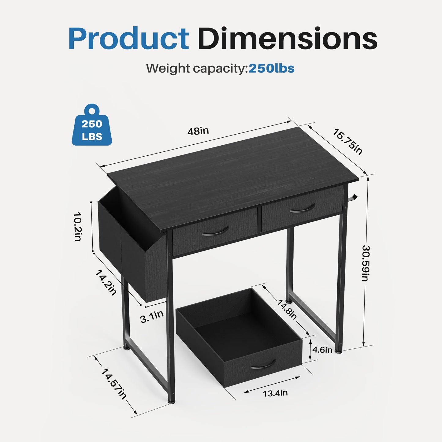 OLIXIS Small Desk with Fabric Drawers for Home Office, 32 Inch Gaming Computer Desk with Side Bag, Headphone Hook Writing Study Work Table for Bedroom Small Sapce, Chic Black