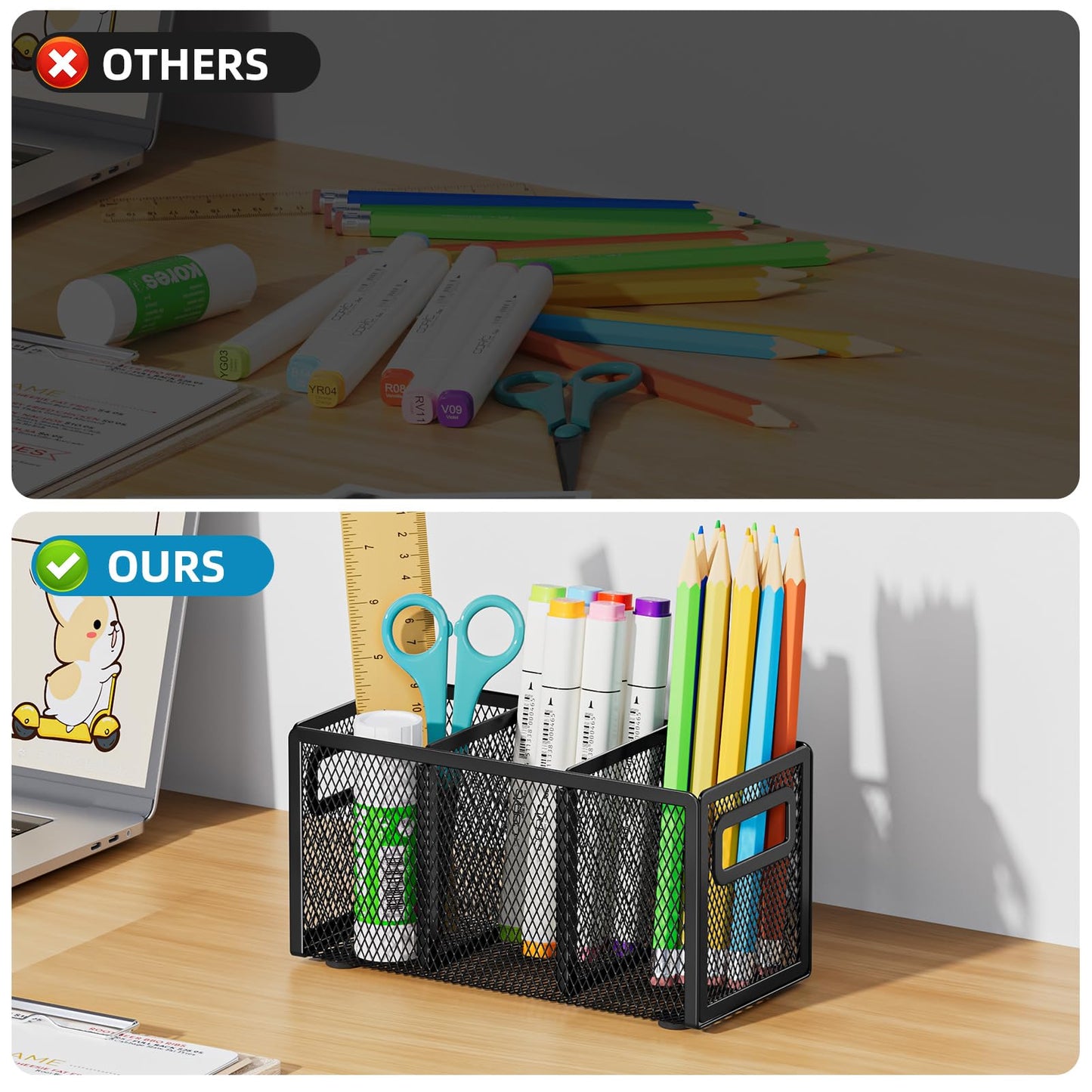 Marbrasse Mesh Pen Holder for Desk,Pencil Holder Desk Organizer 3 Adjustable Compartments,Pencil Cup with Handle Perfect for Classroom, Office, Home,Makeup,Art (Black)
