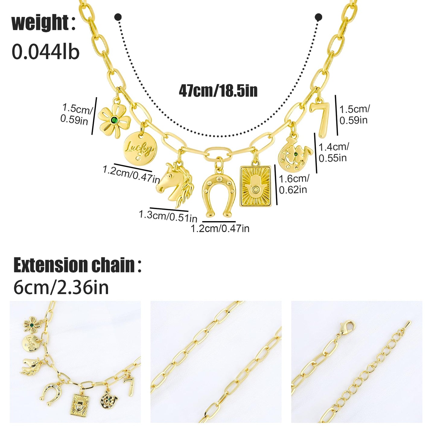 NEKOL Horseshoe Charm Necklace, Lucky Charms Pendant Paper Clip Chain Necklace Four-Leaf Clover Hamsa Horseshoe Cubic Ziron Inlays