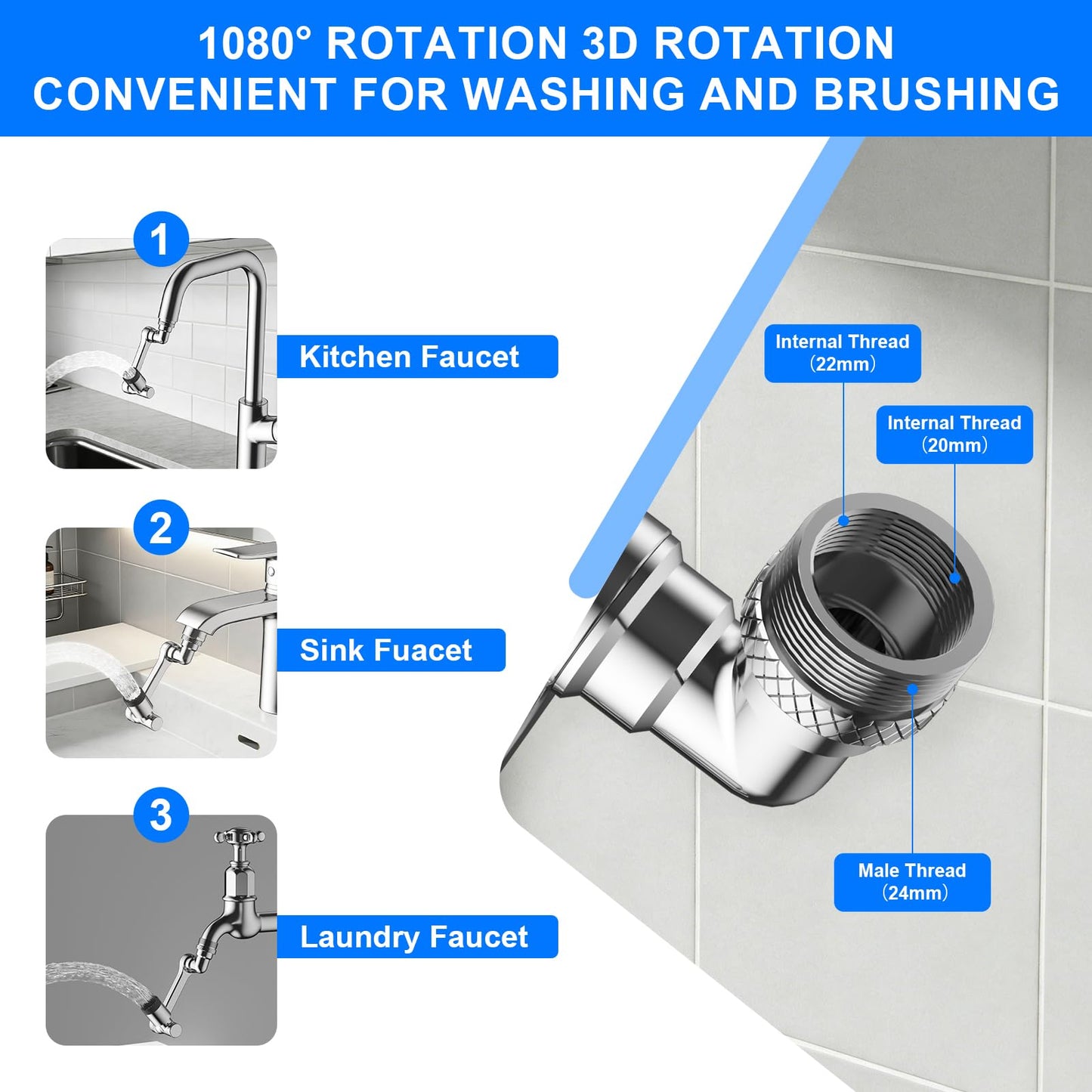 1080° Swivel Faucet Extender, Chrome Finish Sink Aerator with Universal Robotic Arm, Multi-Directional Spray Attachment for Kitchen and Bathroom