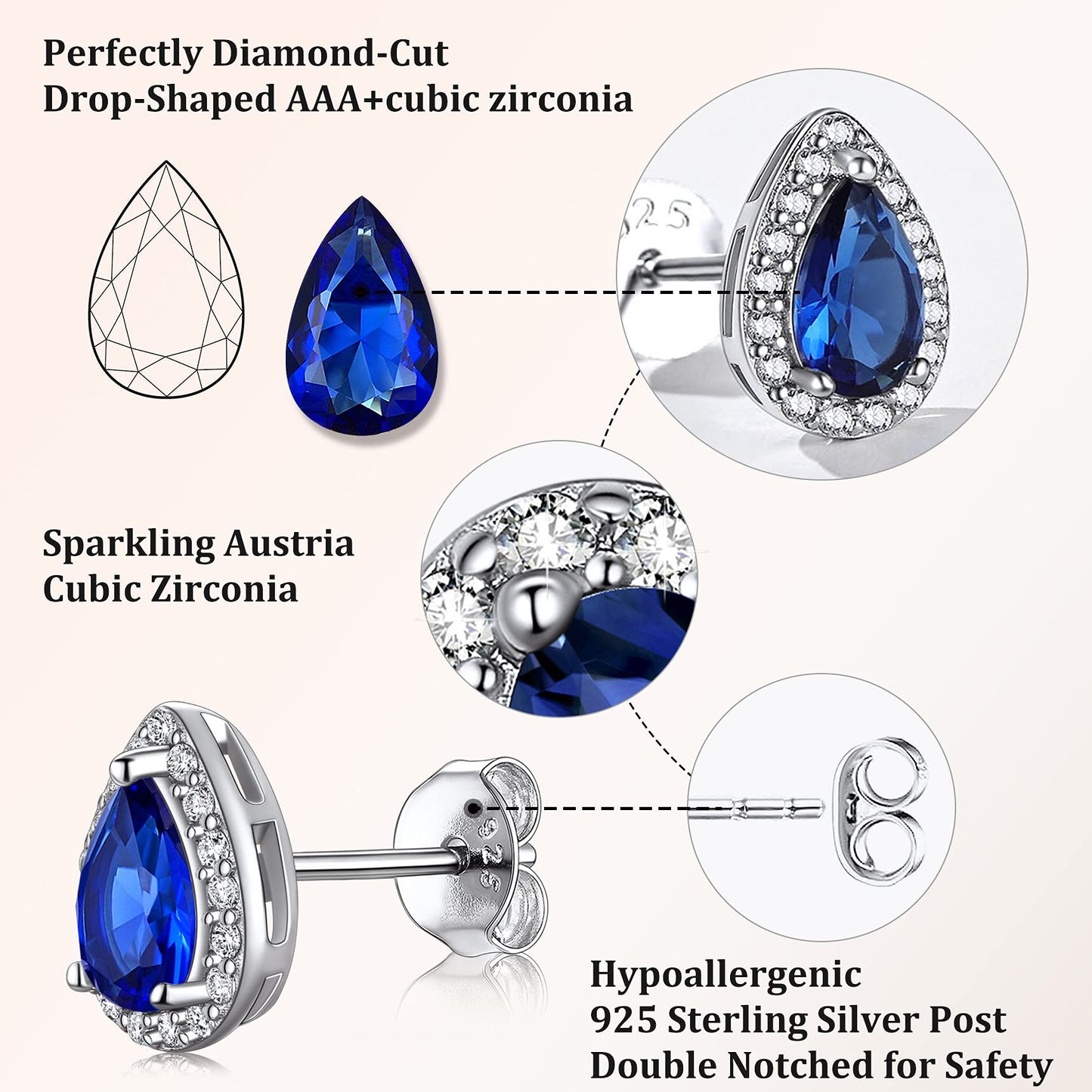 Bestyle Adorable September Sapphire Birthstone Stud Earrings 925 Sterling Silver CZ Teardrop Gemstone Studs Earrings Great Birthday Gift for Wife/Mom/Grandma
