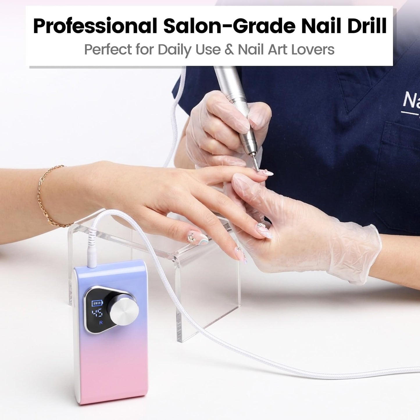YSC Electric Nail Drill - 45000RPM Rechargeable Efile with Coreless Motor, Waterproof Nail Drill for Acrylic Nails, Portable Efile Kit for Home Salon Manicure Pedicure, Low Noise & Vibration Pink