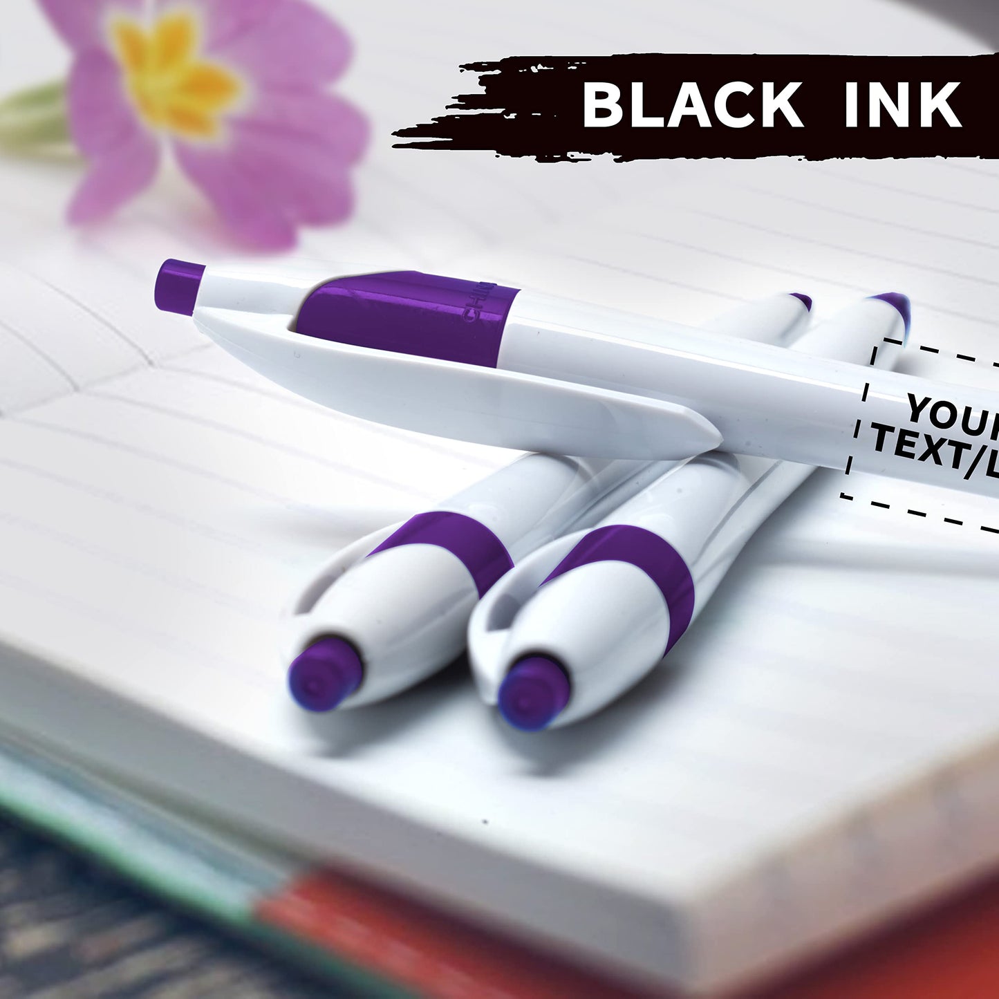 Personalized Ballpoint Pens Set of 10/50/100 by DISCOUNT PROMOS- Black Ink, Slim & Curvy Design, Retractable, Ideal for Office, Corporate Merchandise, Tradeshows- Purple