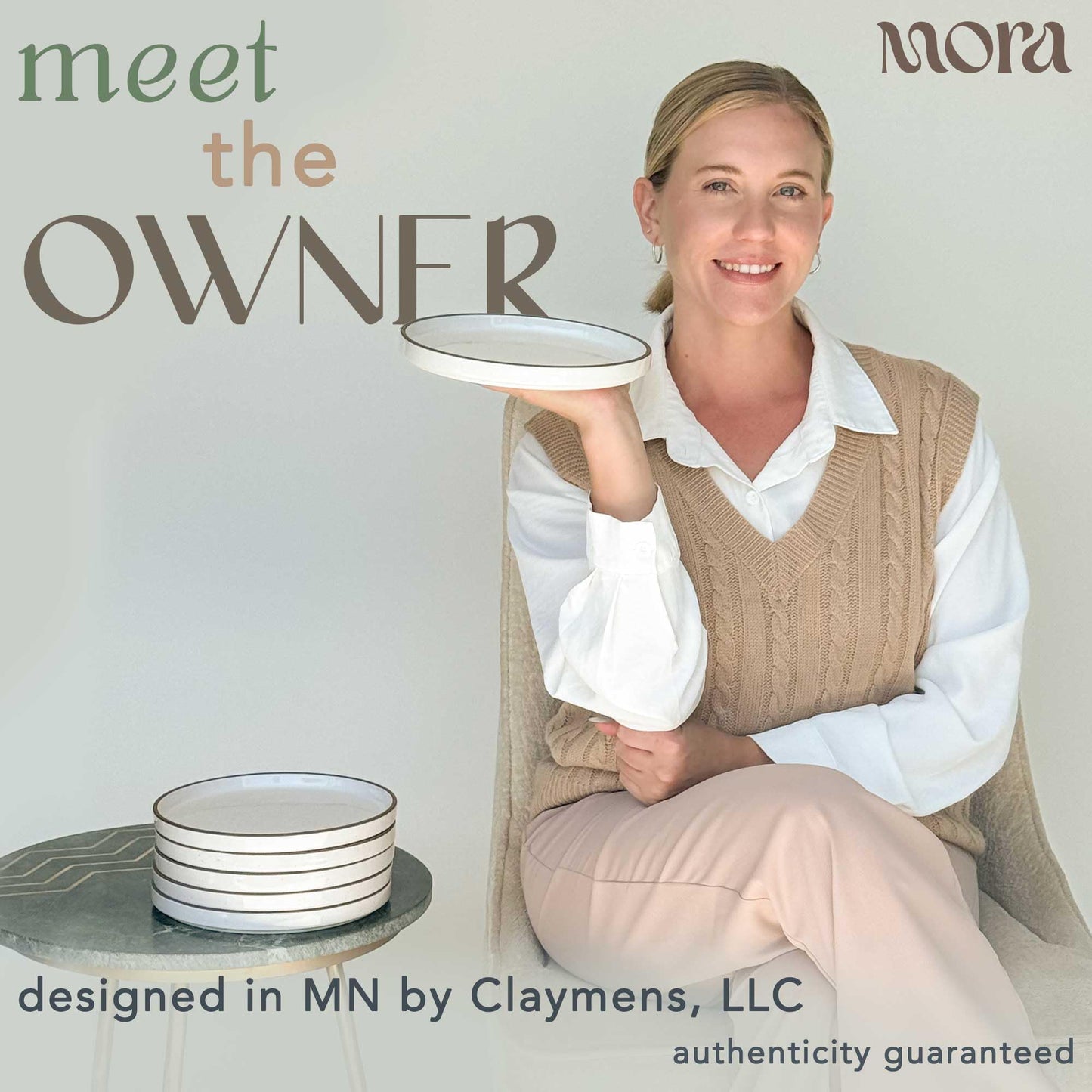 MORA Ceramic Flat Plates Set of 6-8 in - The Dessert, Salad, Appetizer, Small Lunch, etc Plate. Microwave, Oven, and Dishwasher Safe, Scratch Resistant. Kitchen Porcelain Dish - Vanilla White