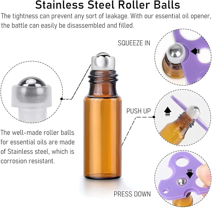 200 Pack Essential Oil Roller Bottles, Amber Glass Roller Bottles 5ml, Roller Balls for Essential Oils, Roll on Bottles (768 Pieces Labels, 32 Funnels, 32 Dropper, 16 Opener)