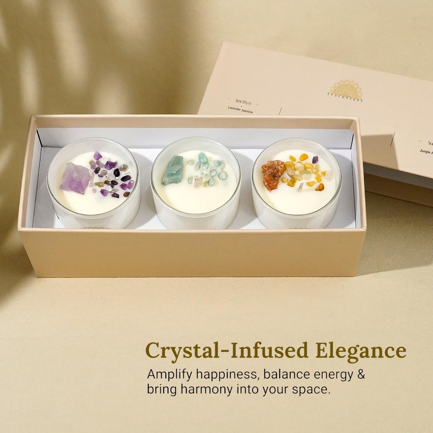 AVACONCEPT Crystal Infused Soy Wax Candle Gift Set Aromatherapy Scented Candles with Healing Crystals Natural Hand-Poured Luxury for Relaxation & Home Décor (Sunstone & Amethyst & Amazonite)