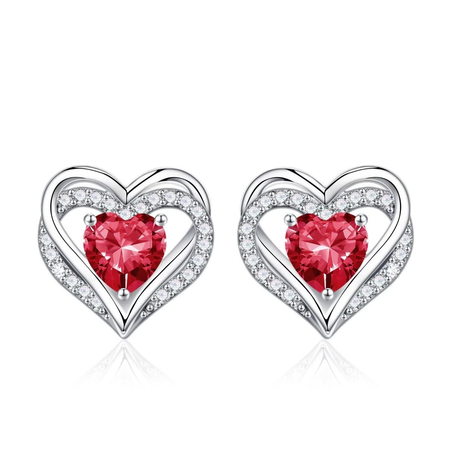Iefil Heart Earrings for Women, 925 Sterling Silver July Birthstone Red Ruby Heart Stud Earrings for Women