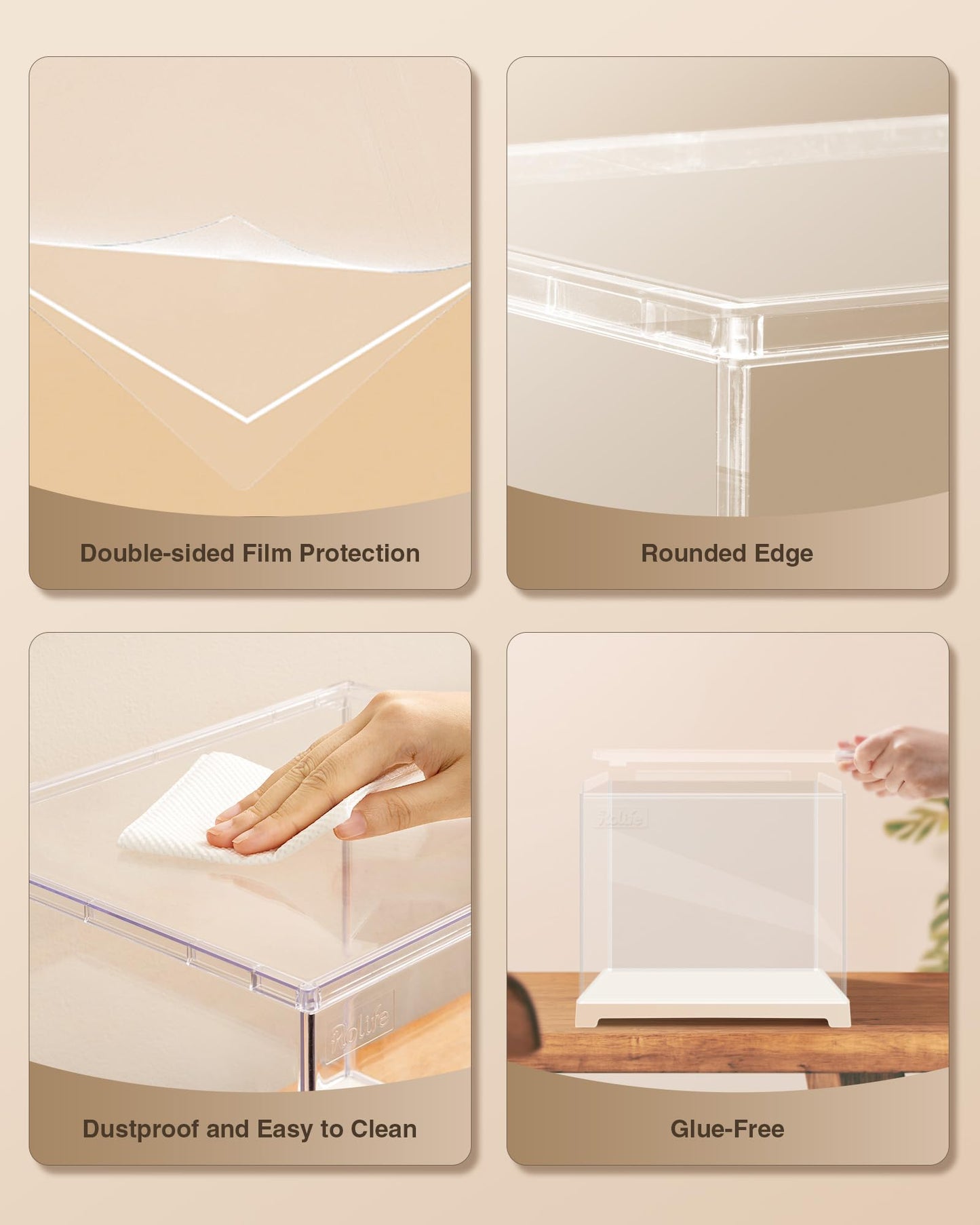 Rolife Acrylic Display Case Dust Cover for Collectibles, Stackable Showcase Dustproof Protection with White Base with Door for Shoes,Books,Toys,Collectibles Memorabilia Figurines(11.3''x9.6''x9.3'')