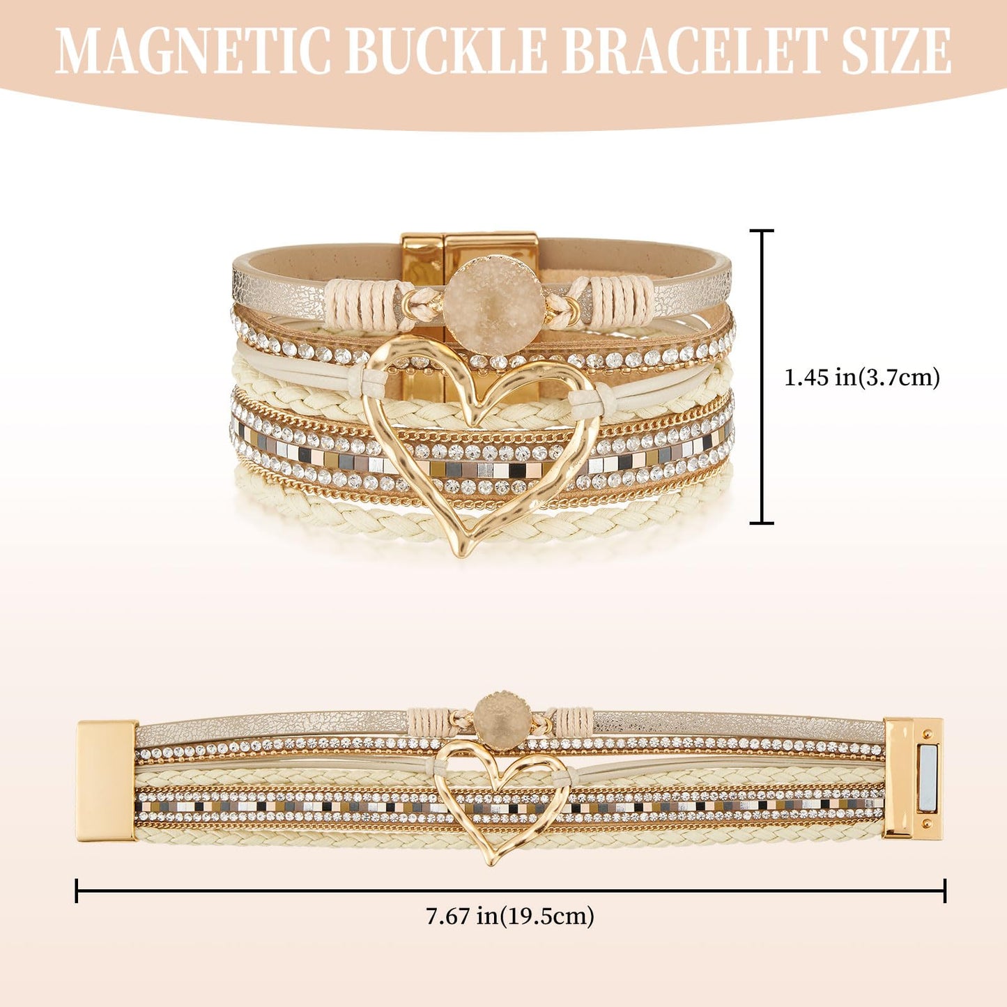 QIUTIMIY Leather Bracelets for Women Trendy Boho Cuff Bracelet Layered Bangle with Clasp Hand Wrist Jewelry Western(Style 6-Beige)