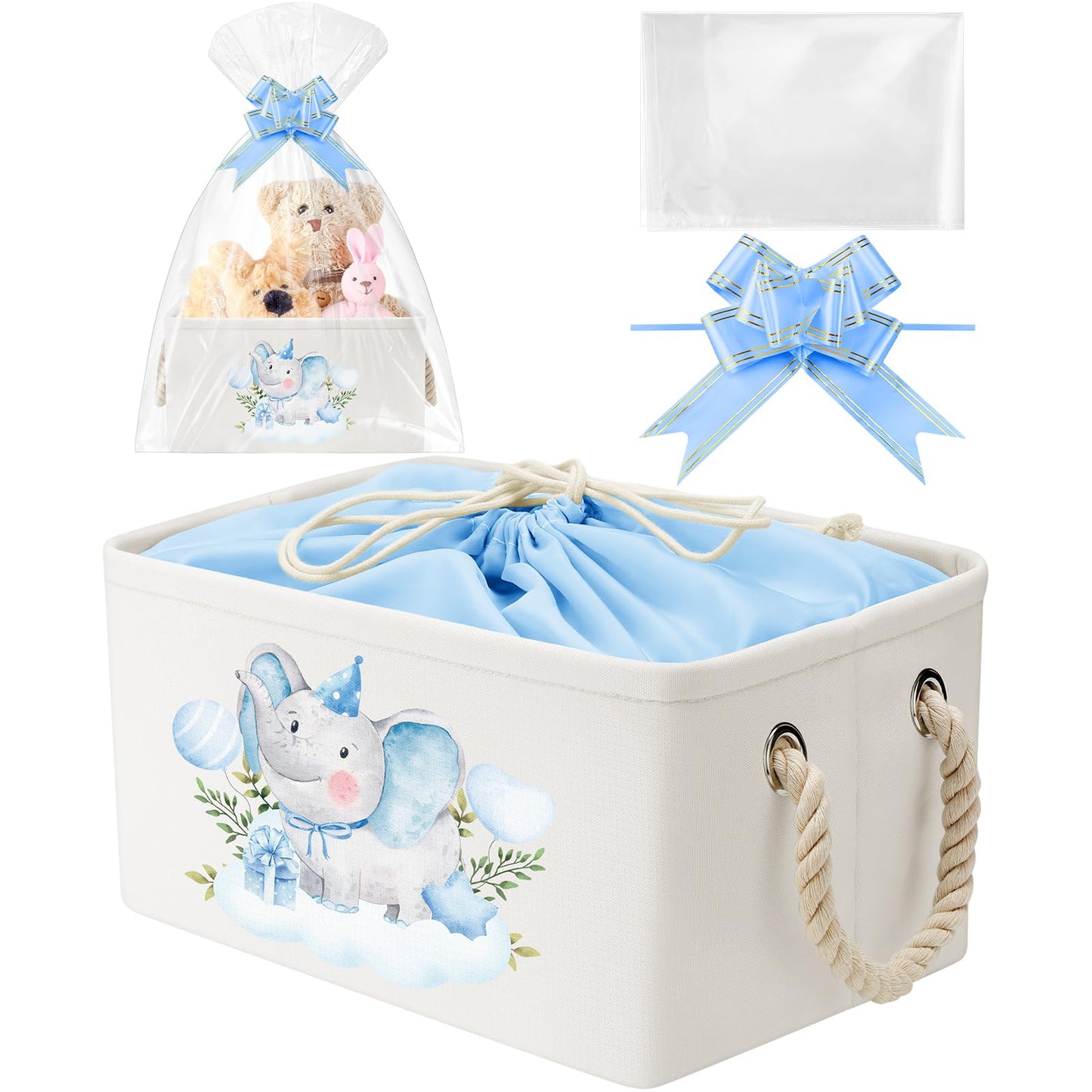 Pickmesh Baby Shower Storage Basket with Gift Bags Rectangular Ribbons Collapsible Canvas Storage Bin with Handles for Diaper Organizing Toy Home DIY Gift Basket, 13 x 9. 1 x 7. 1 Inch(Blue Elephant)