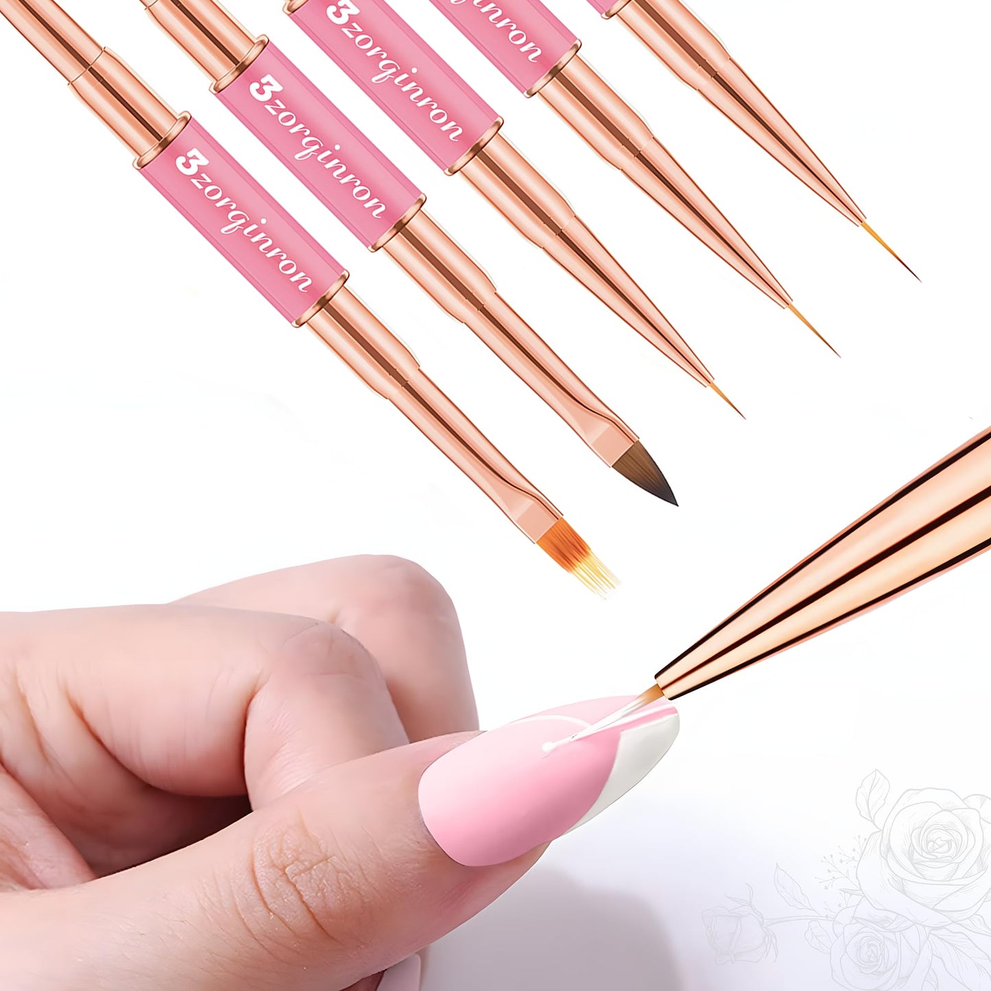 Nail Art Brushes Set, Professional 5Pcs Double-Ended Nail Brush Kit for Details, Long Lines, Ombre & 3D Design-Perfect for DIY Manicures & Salons (Pink)