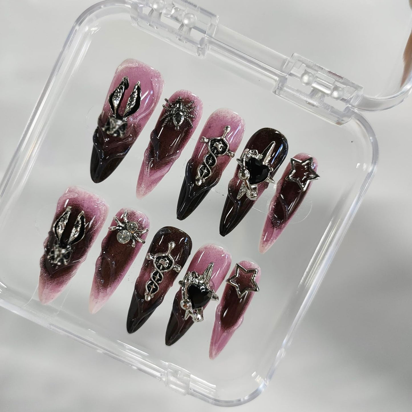 Halloween Handmade Press on Nails Long Almond 3D Nails Gothic Thick Acrylic Fake Nails Ombre False Nails with Rhinestones Spider Heart Designs Pink&Black Sturdy Nail Art Press on Nails 10Pcs(S)