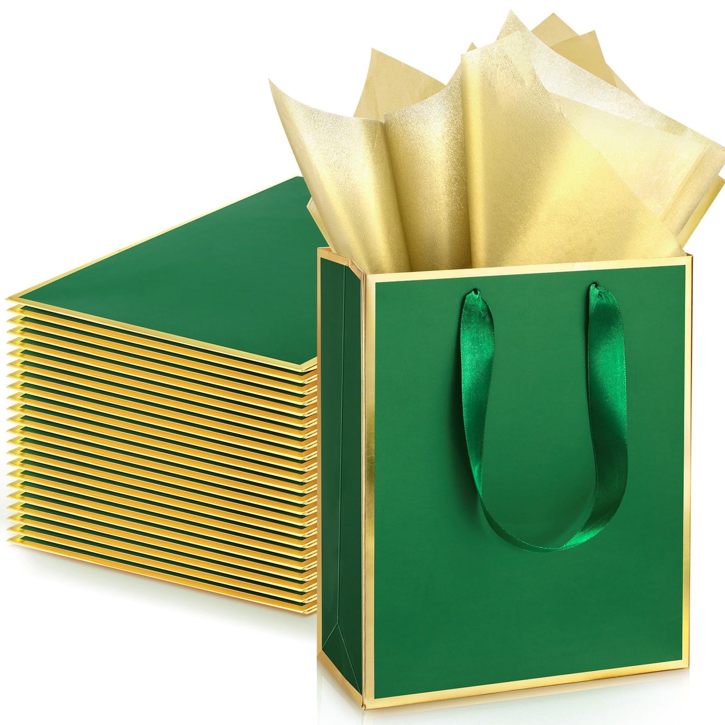 Yeaqee 24 Pack Metallic Paper Gift Bags with Handle and Tissue 9x7x3.1 Gold Foil Welcome Thank You Favor Bags Return Gifts for Wedding Mothers Graduation Bridesmaid Birthday(Green Gold)