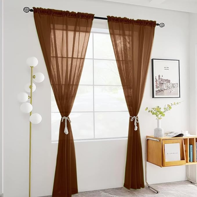 SpaceDresser Brown Sheer Curtains 4 Panels Rod Pocket Semi-Sheer Curtain 108 Inches Long Light Filtering Voile Window Drapes for Bedroom Living Room Kitchen, Each 52W x 108L