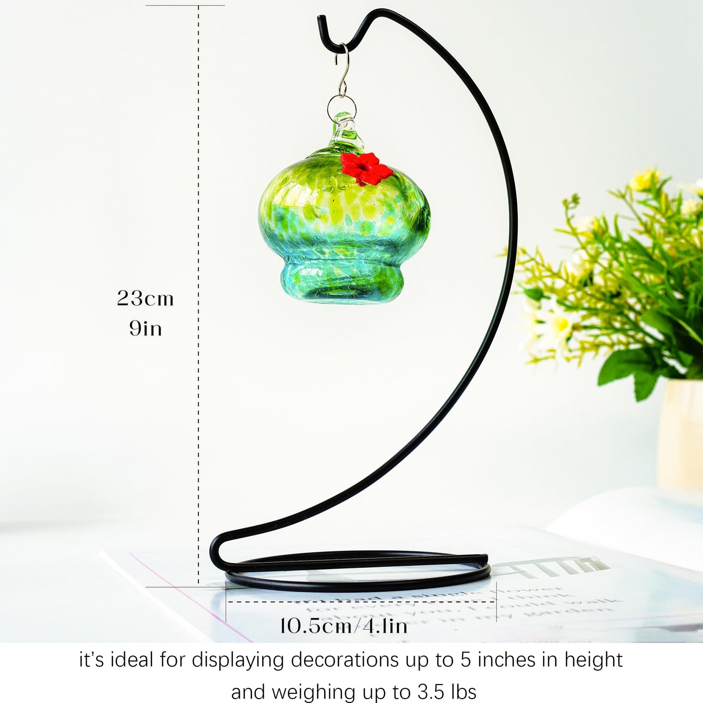 H&D HYALINE & DORA 5 Pack Black Ornaments Display Stands Glass Crystal Witch Ball Holder 9 Inch Christmas Ornament Hanging Hook Patio Planter Terrariums Iron Hanger