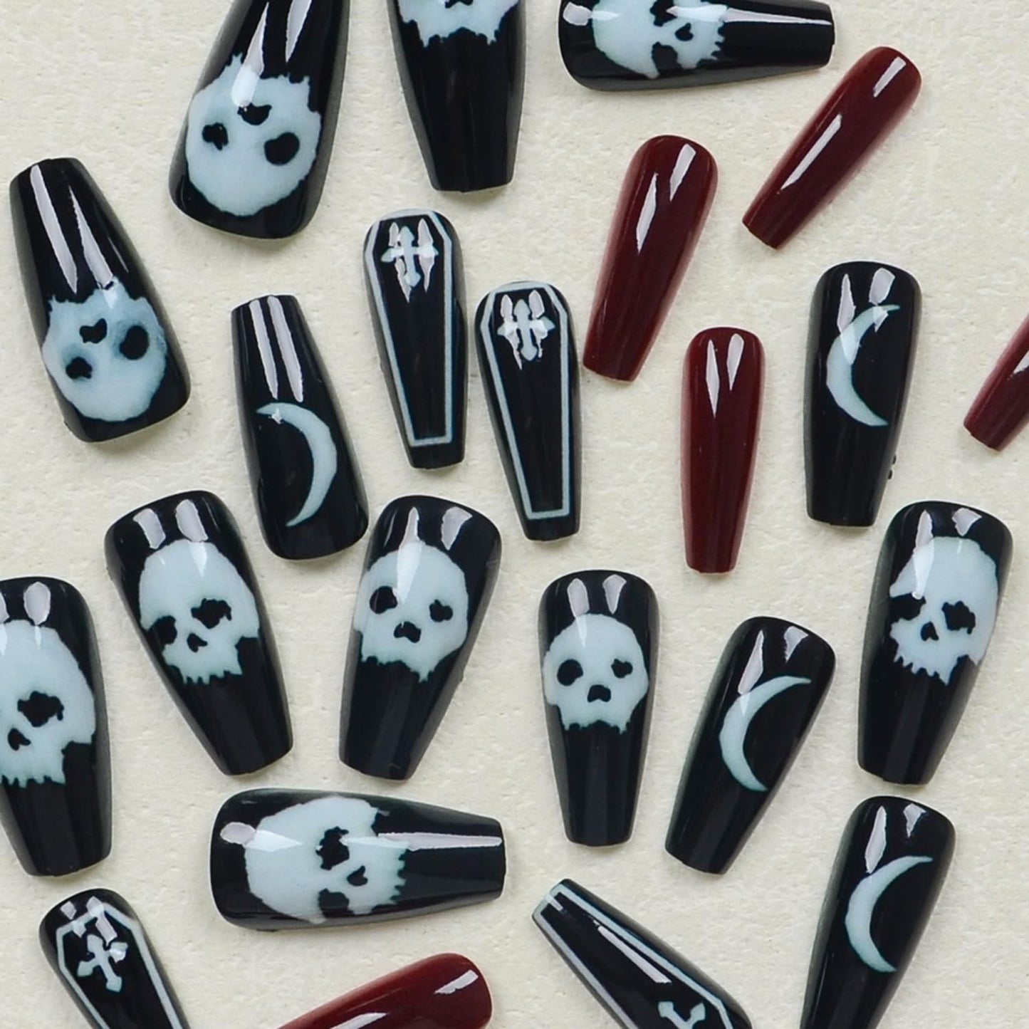 Halloween Press on Nails Medium Coffin Shape Fake Nails with Horror White Skull Designs Full Cover Stick on Nail Glossy Red Black Acrylic False Nails for Women Party Manicure Decor 24 Pcs