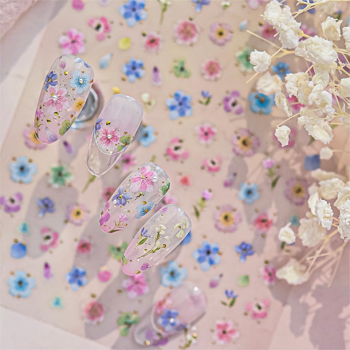 Phuryllic 3D Nail Stickers for Nail Art, Embossed Self-Adhesive Cute Nail Charms & Decals for DIY Nails, Easy-to-Apply Nail Design Supplies & Accessories for Home Manicure-Pink&Blue Flower