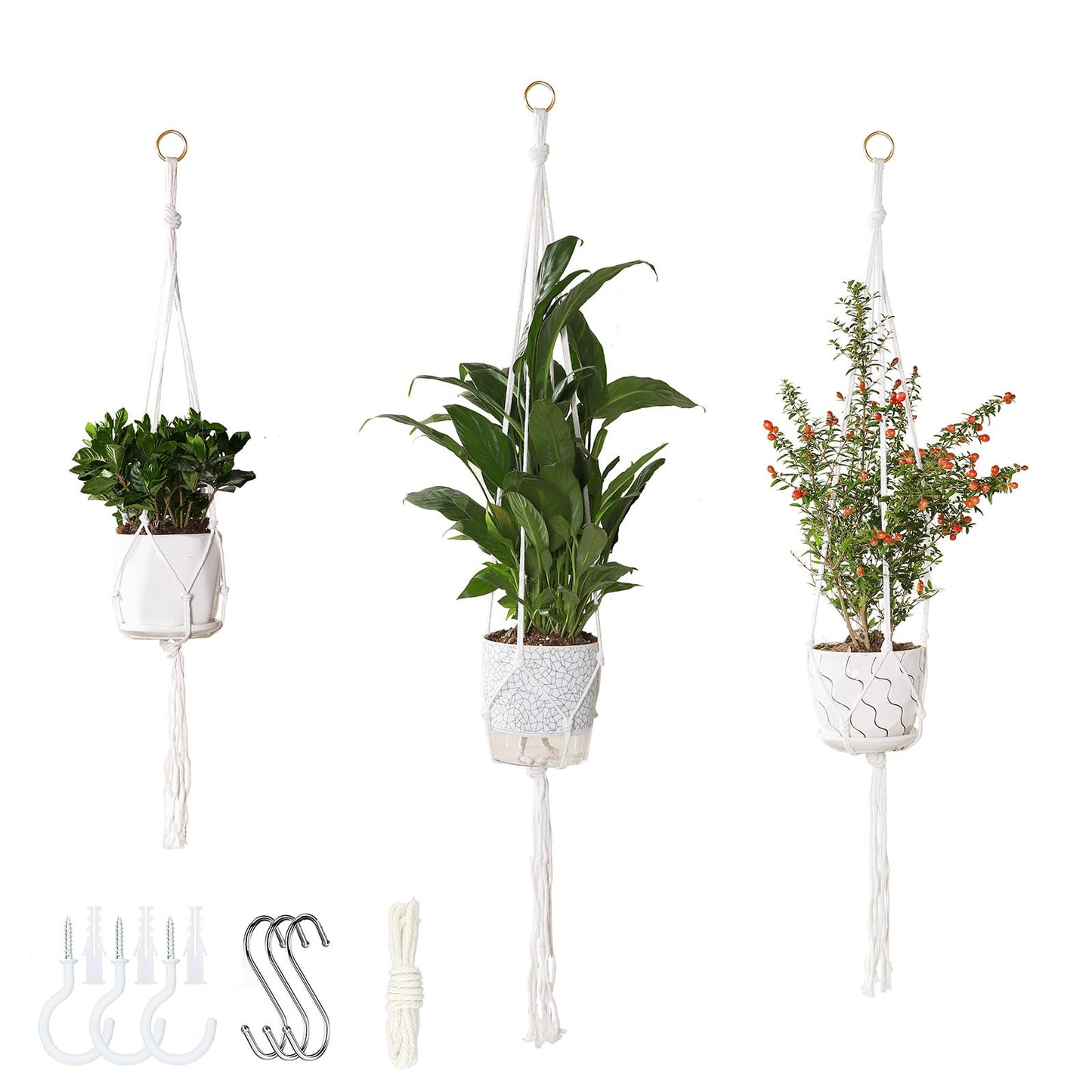 vriysei 3 Pack Macrame Plant Hanger Indoor, 35 41 47 Inch Handmade Boho Hanging Planter Basket with Screw Hooks S-Hooks and Extension Rope for Indoor Plants Home Decor (POTS NOT Included) (White)