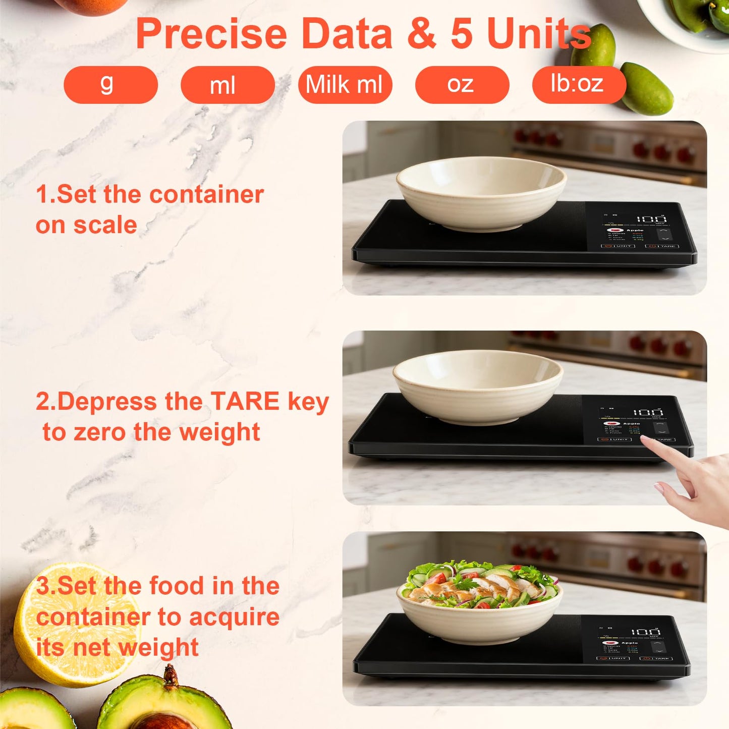 Smart Kitchen Food Scale with Nutritional Calculator, Calorie Fat Carbs Protein Tracker, Free App, Barcode Scan, Food Preload, On-Screen Nutrient Display, Personal Goals, 11 lb / 5 kg